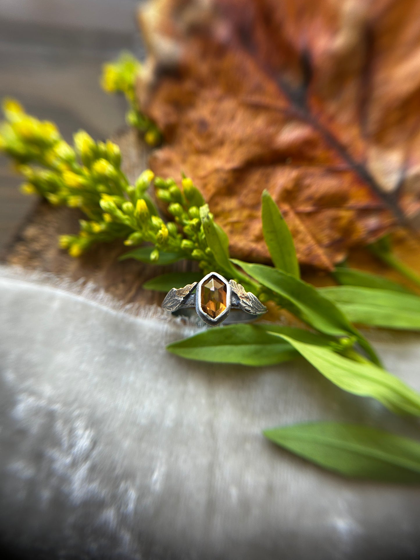 Goldenrod ring- hexagon zircon ring with sterling silver and brass jewelry