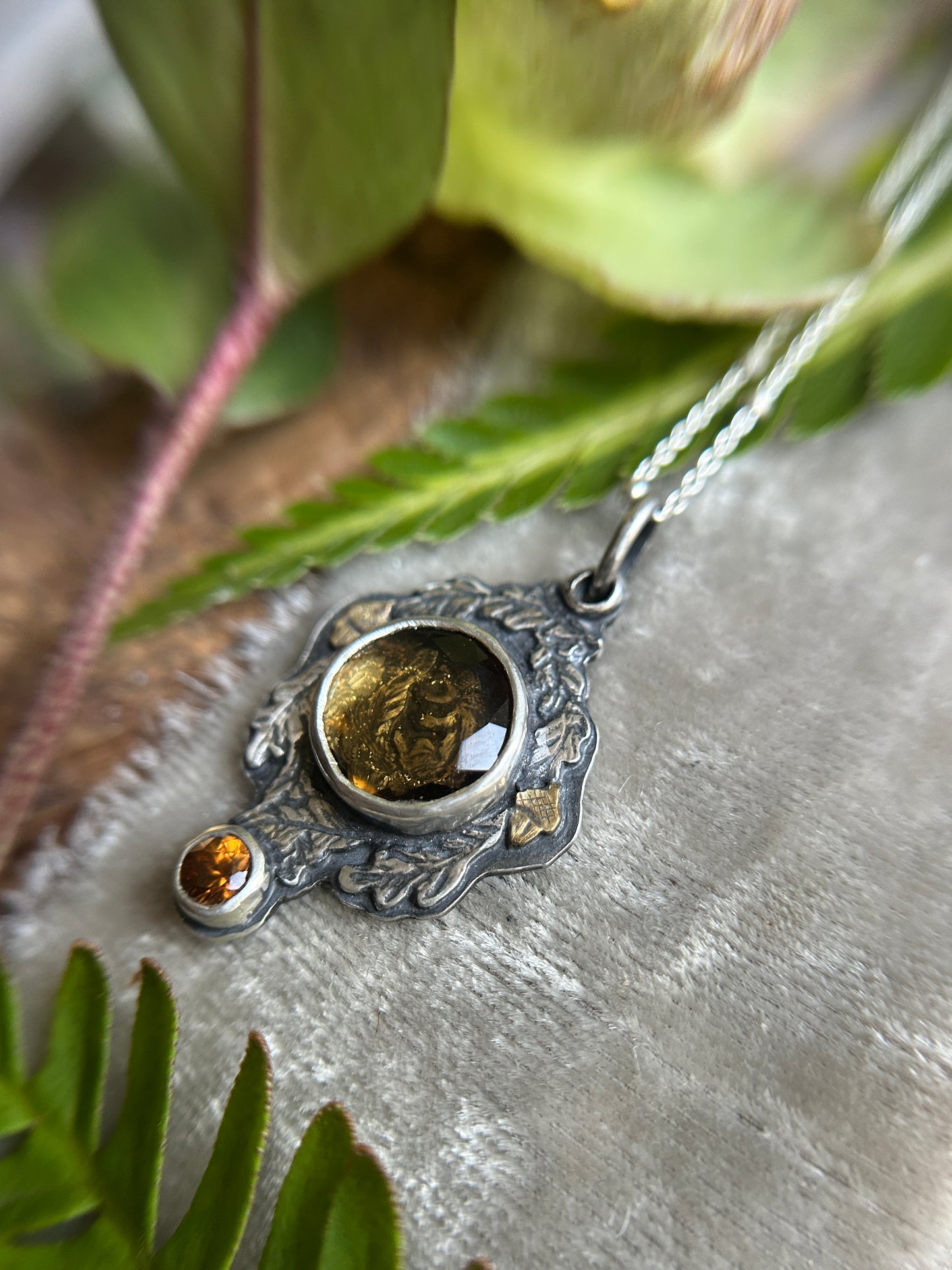Hibernating chipmunk with portrait cut citrine & zircon necklace- Sterling silver and brass jewelry