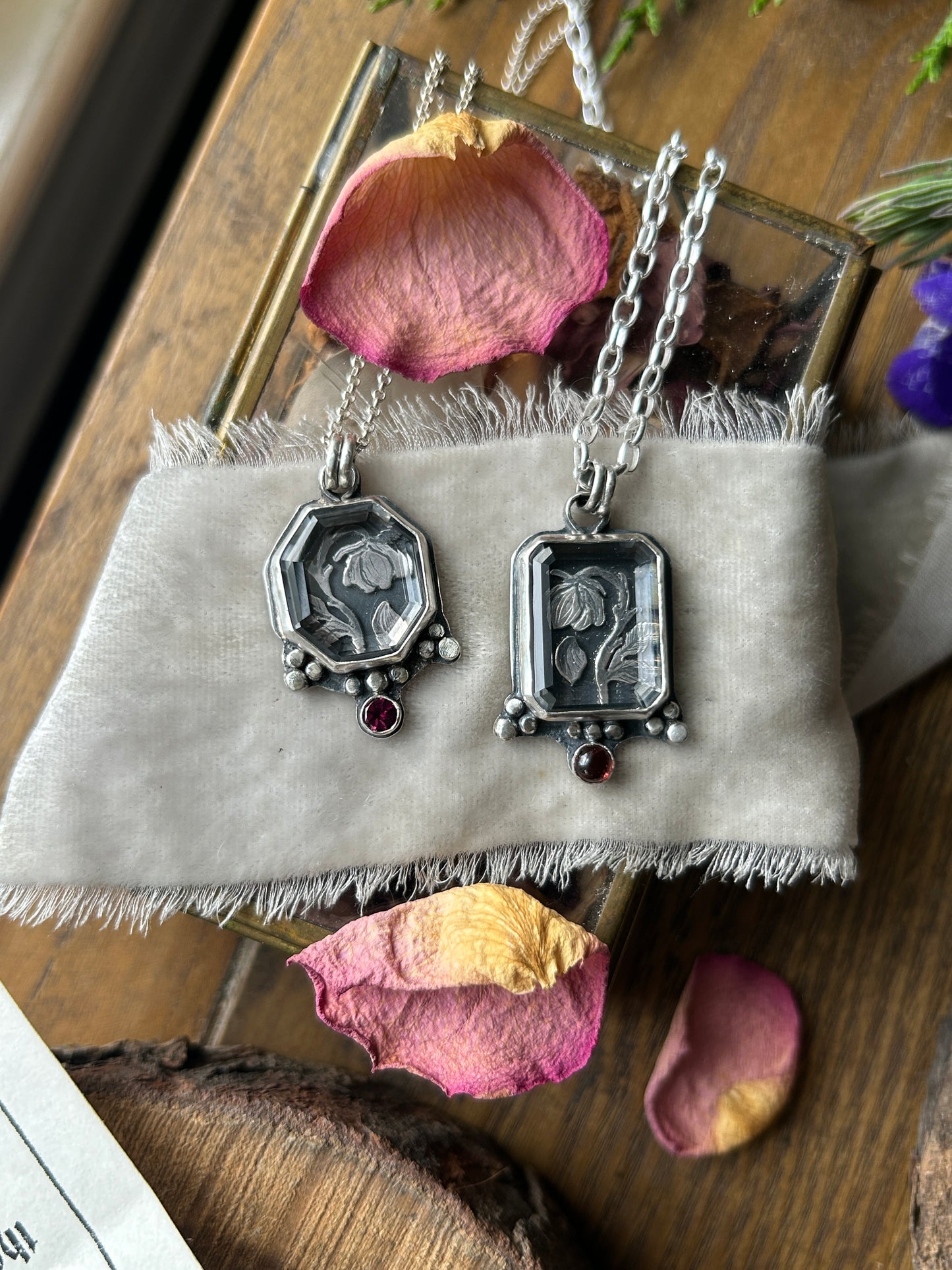 Enchanted Rose under Portrait Cut Quartz with garnet- sterling silver necklace