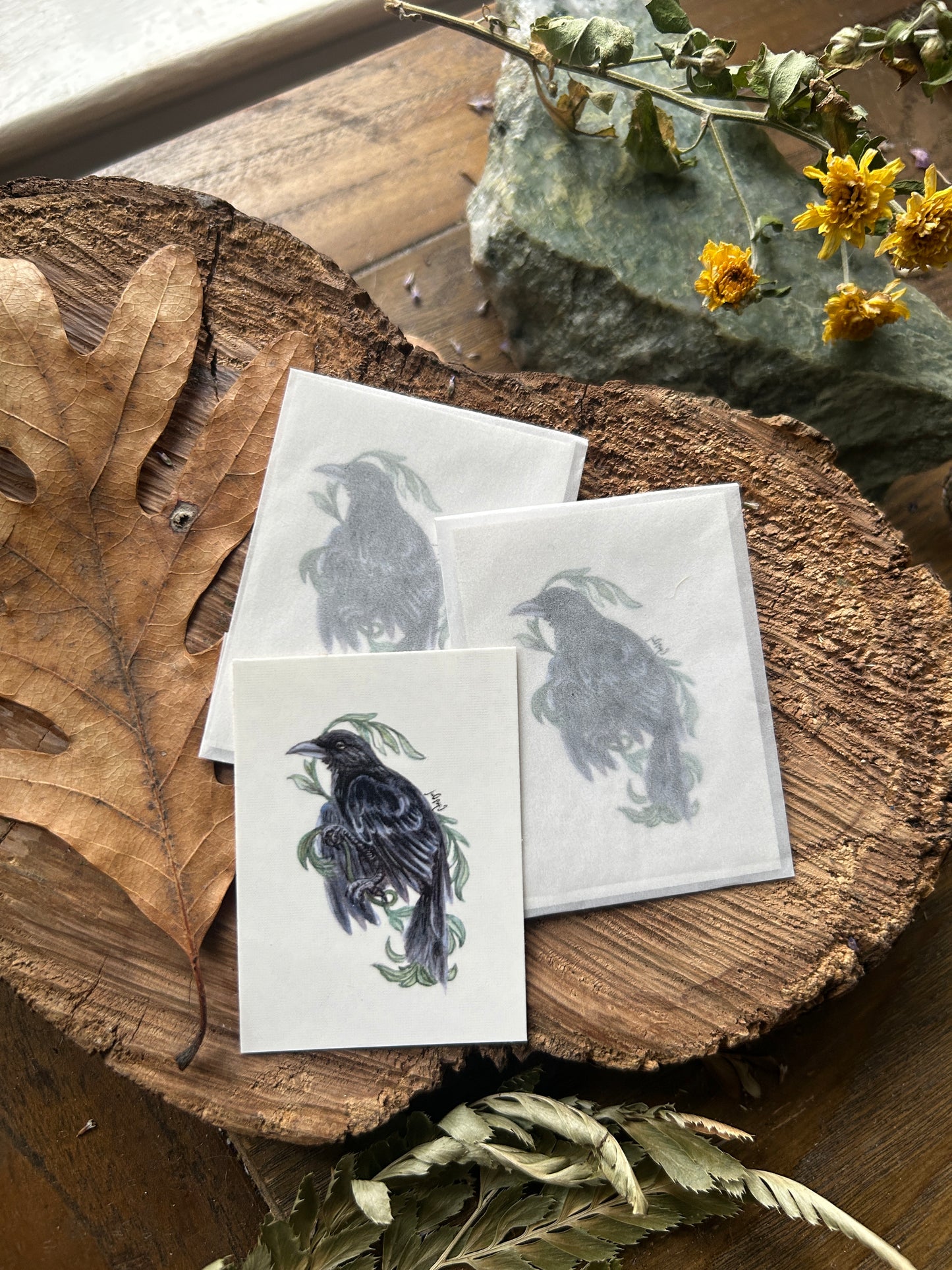 Temporary tattoo- crow bird with leafy vine