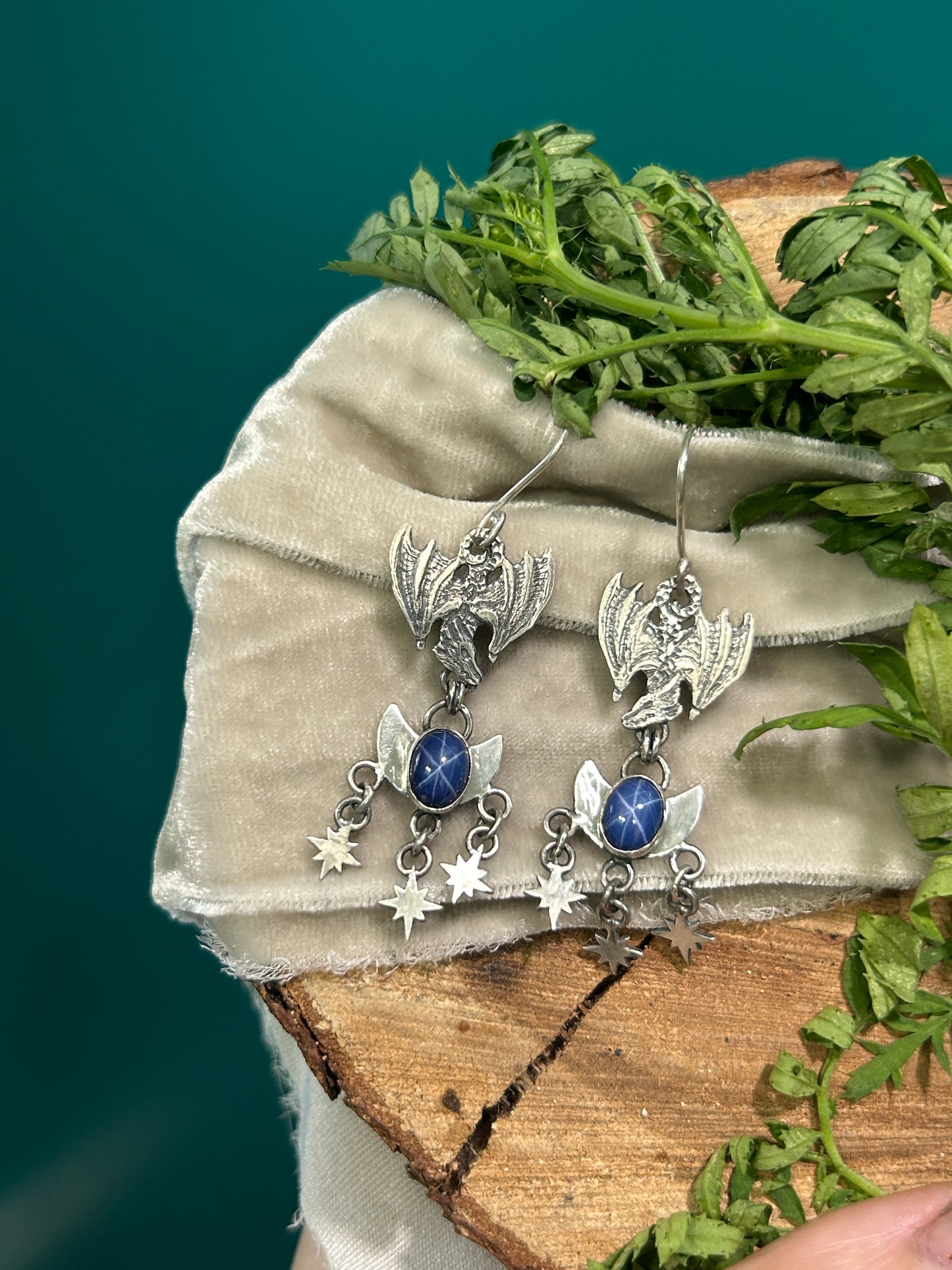 Moon and Starlit Dragon Flight Earrings- blue star sapphire - sterling silver jewelry