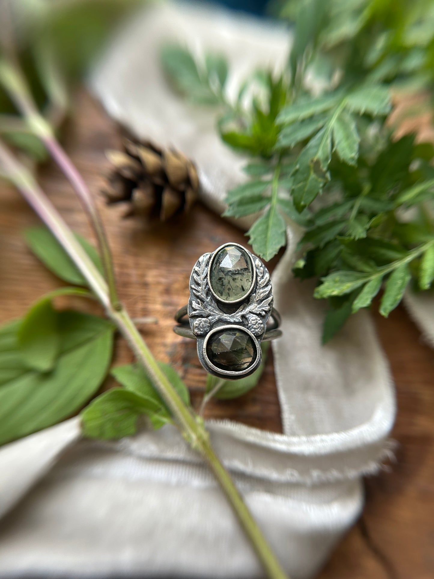 Eastern Hemlock Branches with Prehnite and Peridot ludwigite Ring- sterling silver jewelry