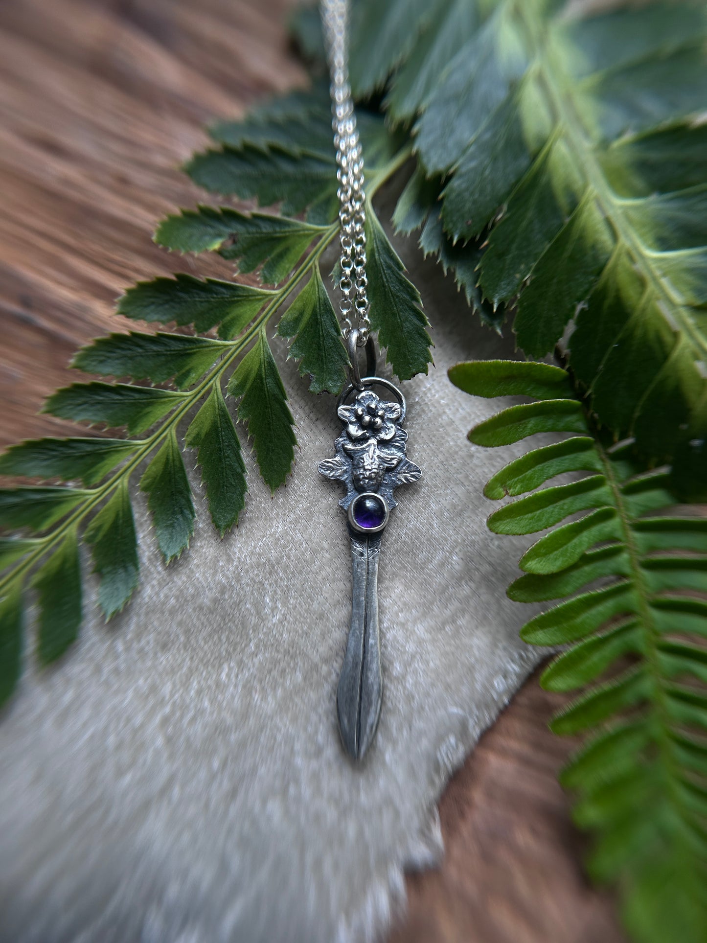 Blackberry bramble sword necklace with amethyst- Sterling silver jewelry
