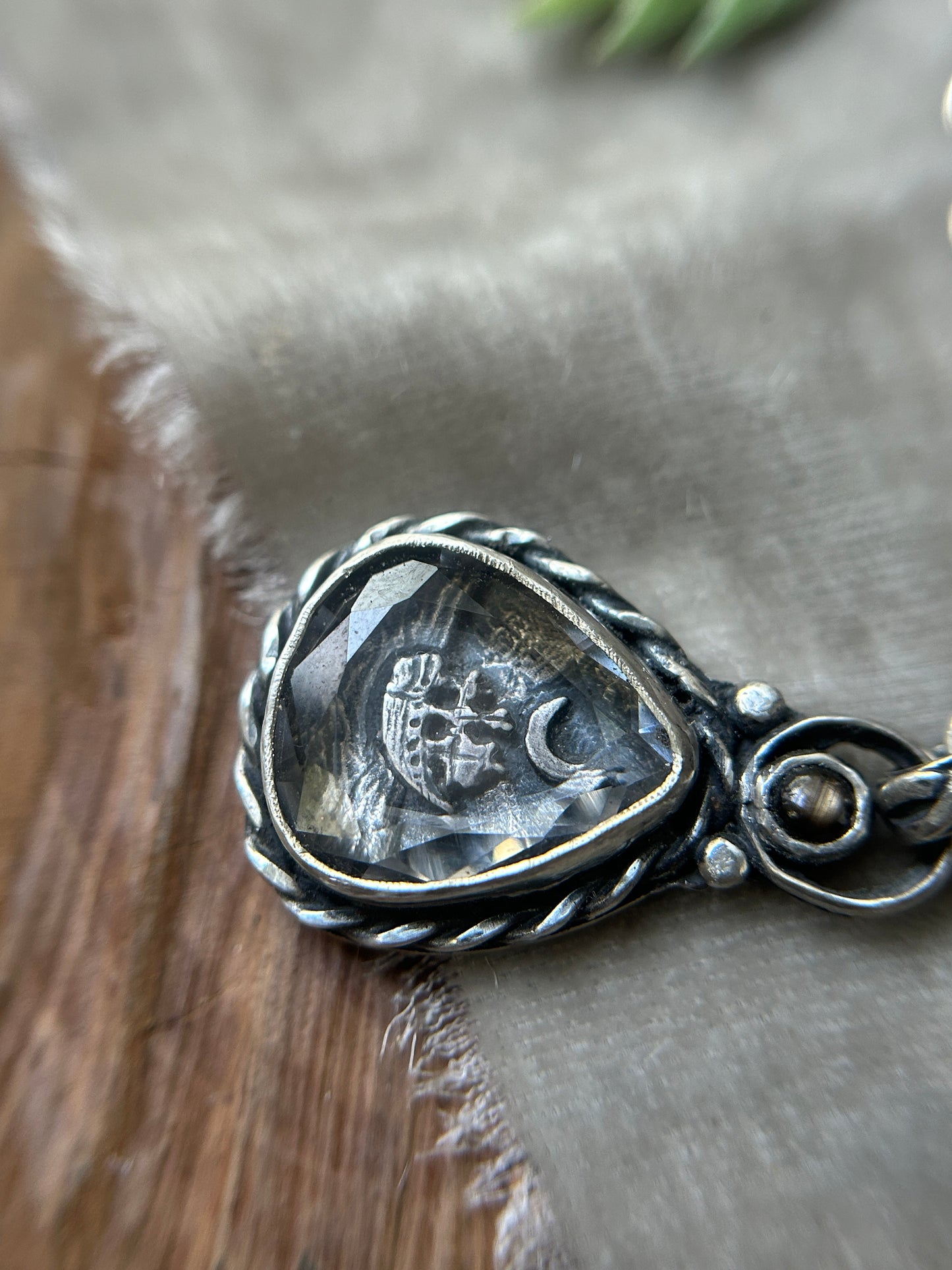 Moonlit Voyage Sailing Ship under Portrait Cut Quartz with a black star sapphire- sterling silver jewelry mourning