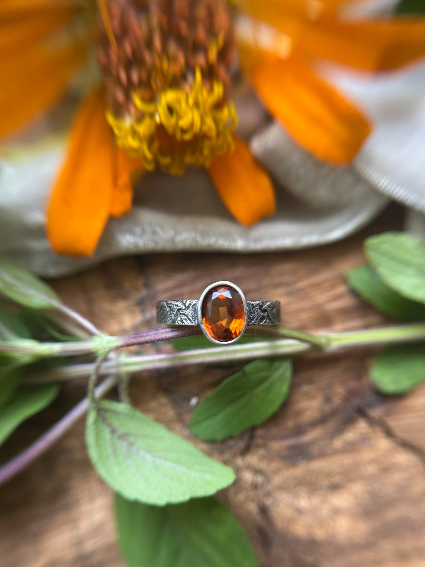 Phoenix in Flight engraved ring with Hessonite Garnet- sterling silver jewelry