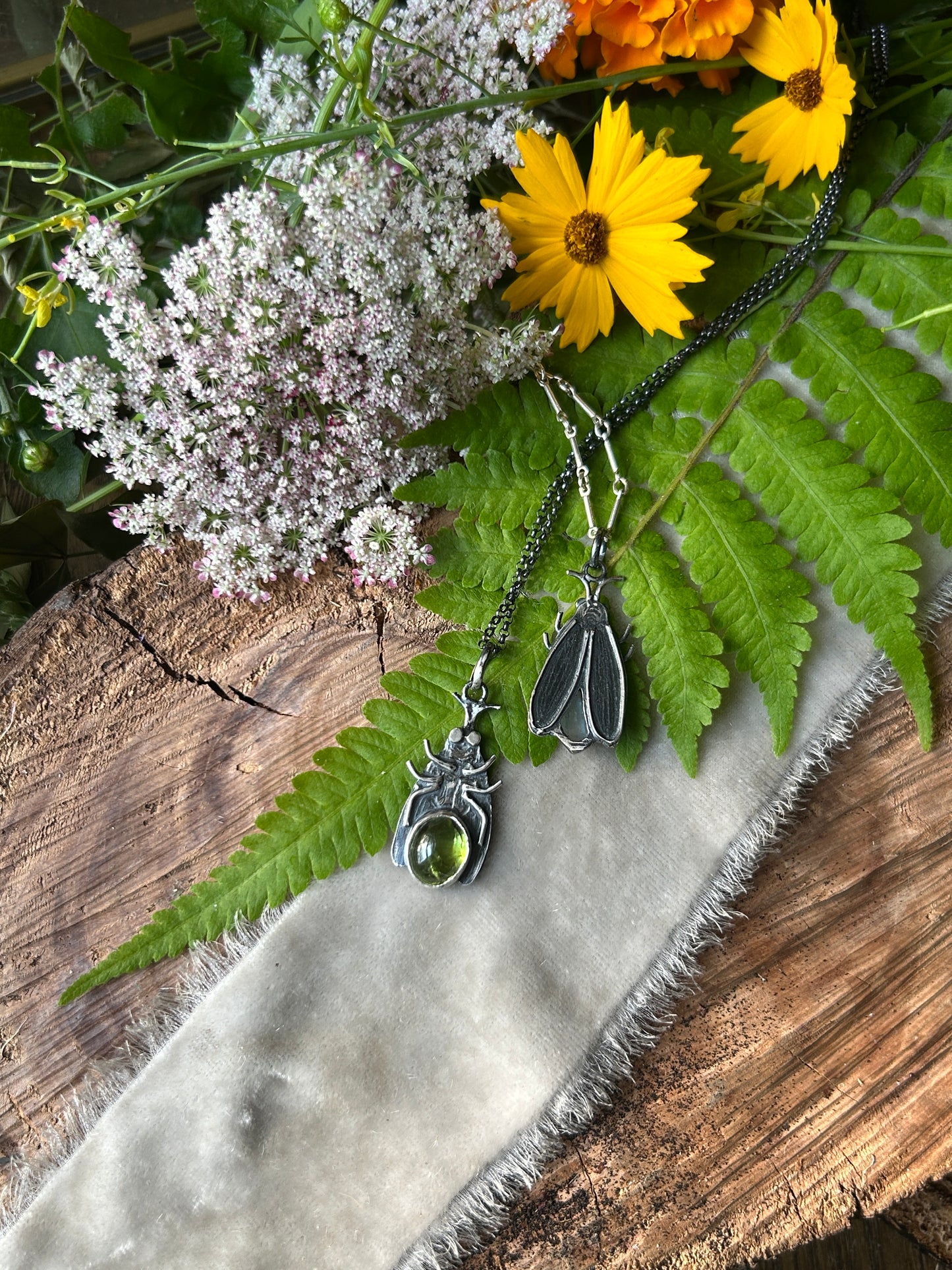 Firefly necklaces- moonstone or peridot-sterling silver handmade jewelry