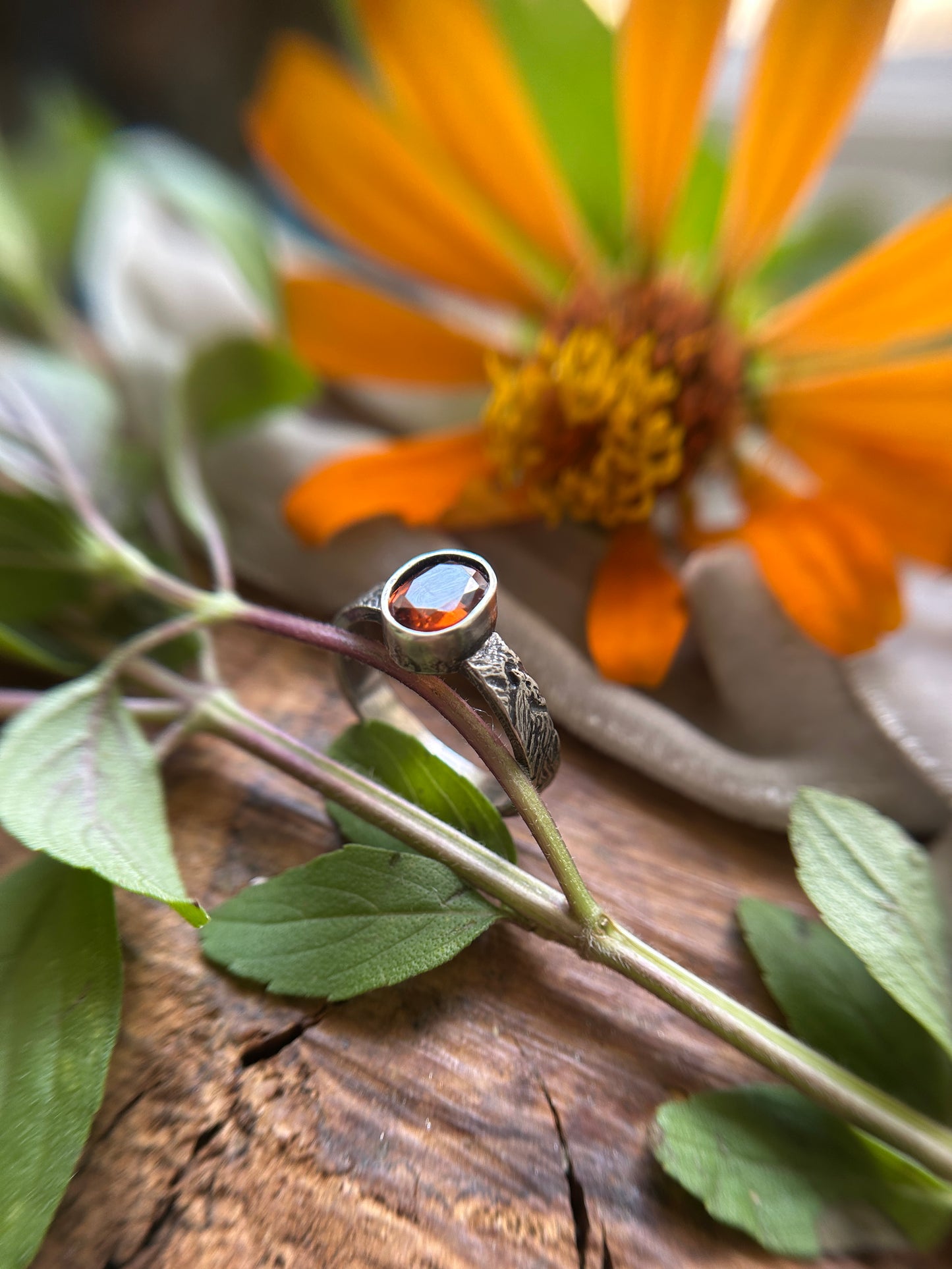 Phoenix in Flight engraved ring with Hessonite Garnet- sterling silver jewelry