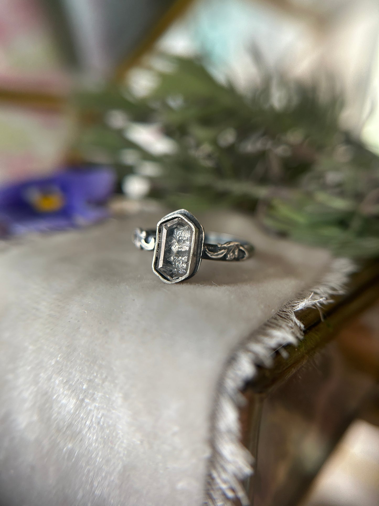 Pansy flower under quartz hexagon- sterling silver ring with swirl sprigs