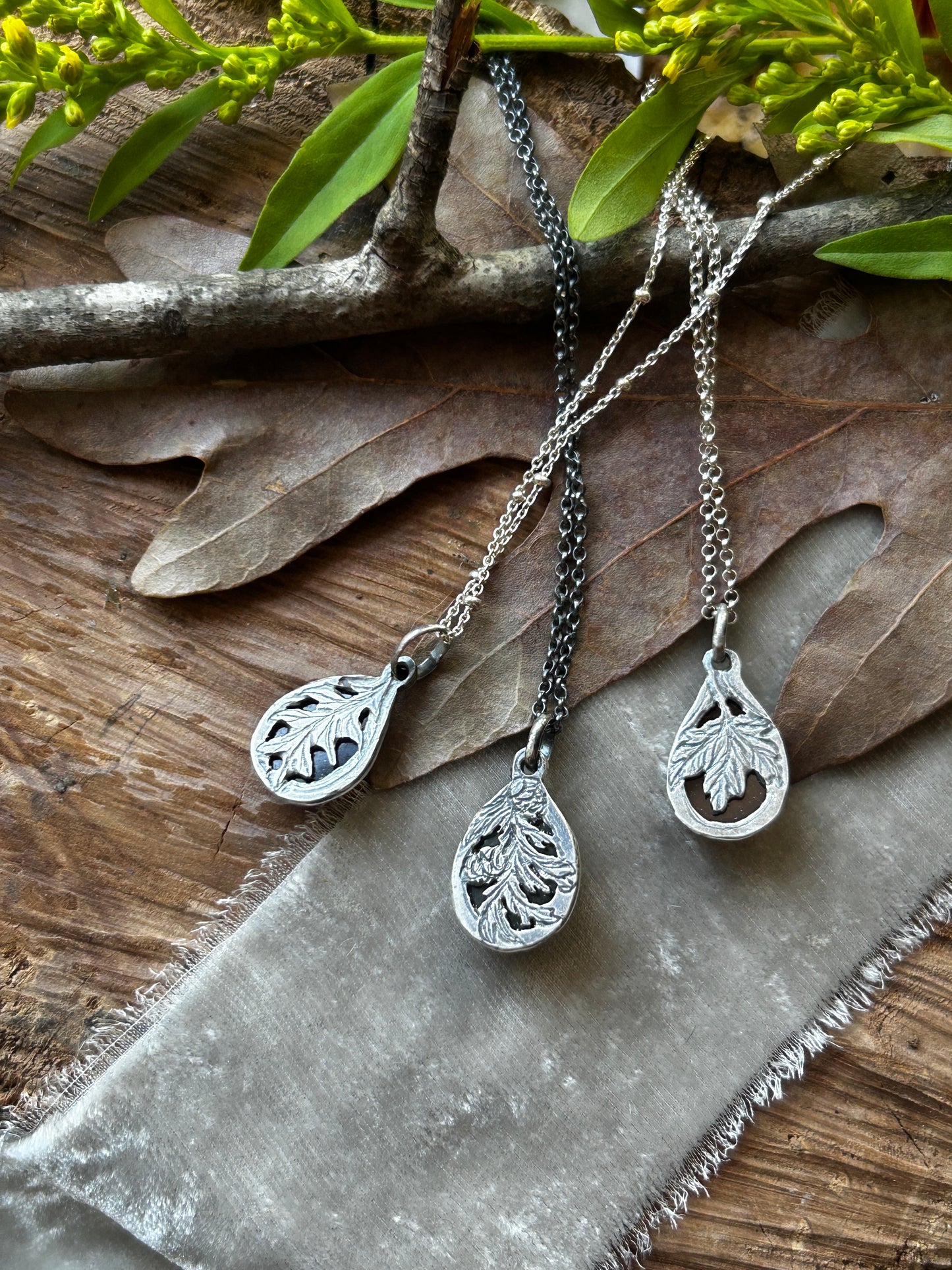 Hidden Forest Leaf Necklaces- choice of gem and leaf- sterling silver jewelry