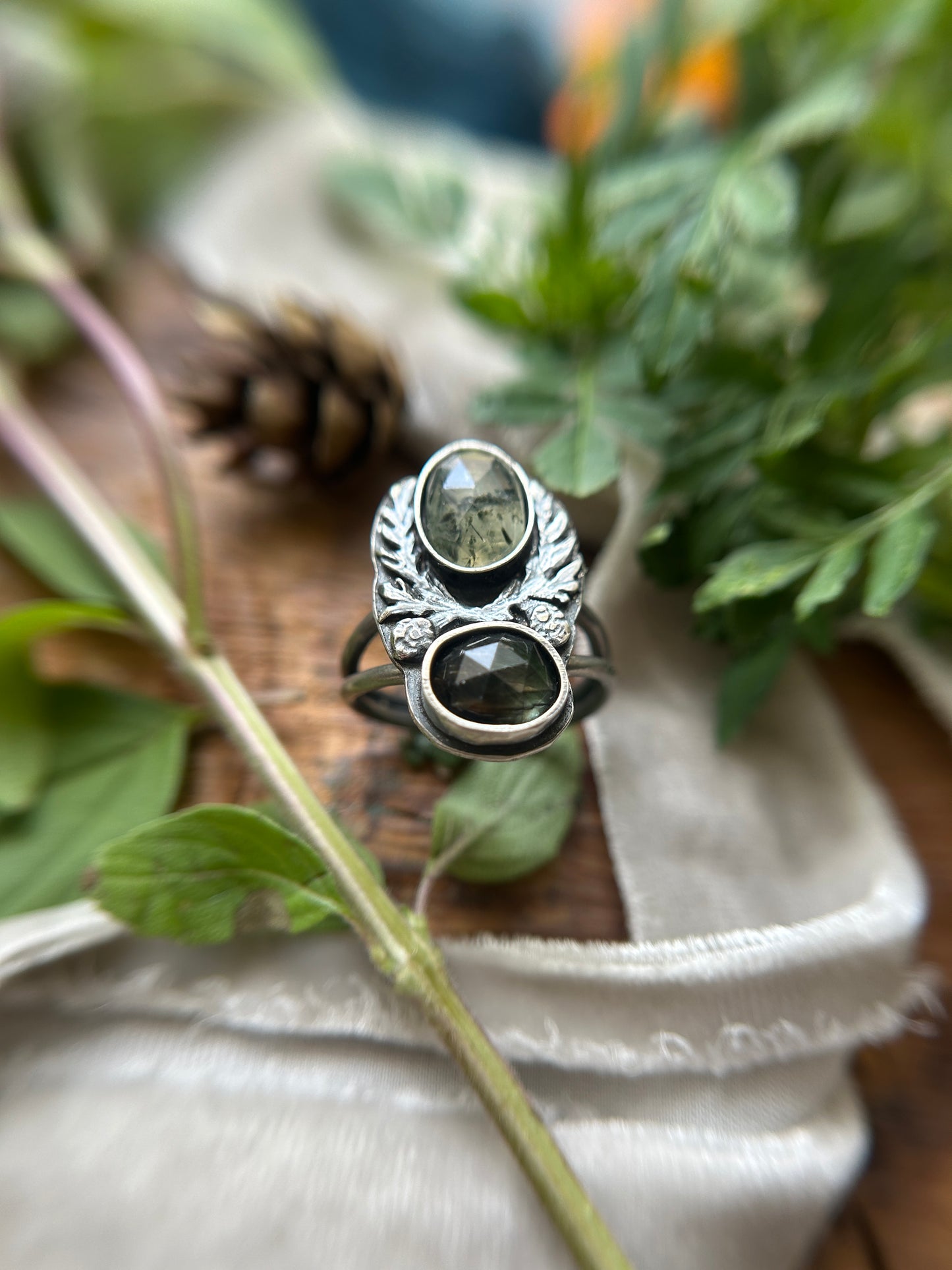 Eastern Hemlock Branches with Prehnite and Peridot ludwigite Ring- sterling silver jewelry