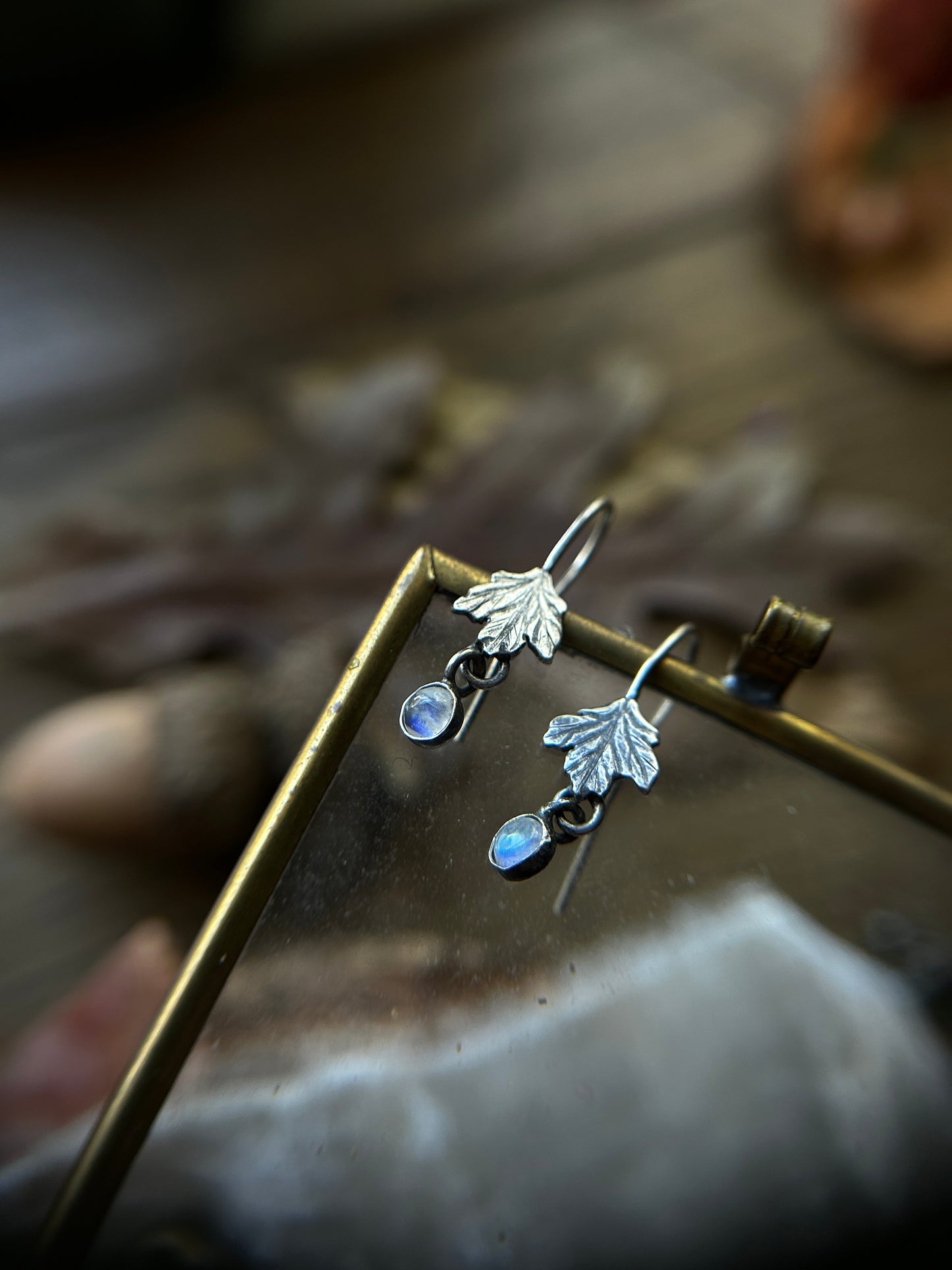 Woodland Leaf Earrings- sterling silver, brass, copper options with gem charm- jewelry