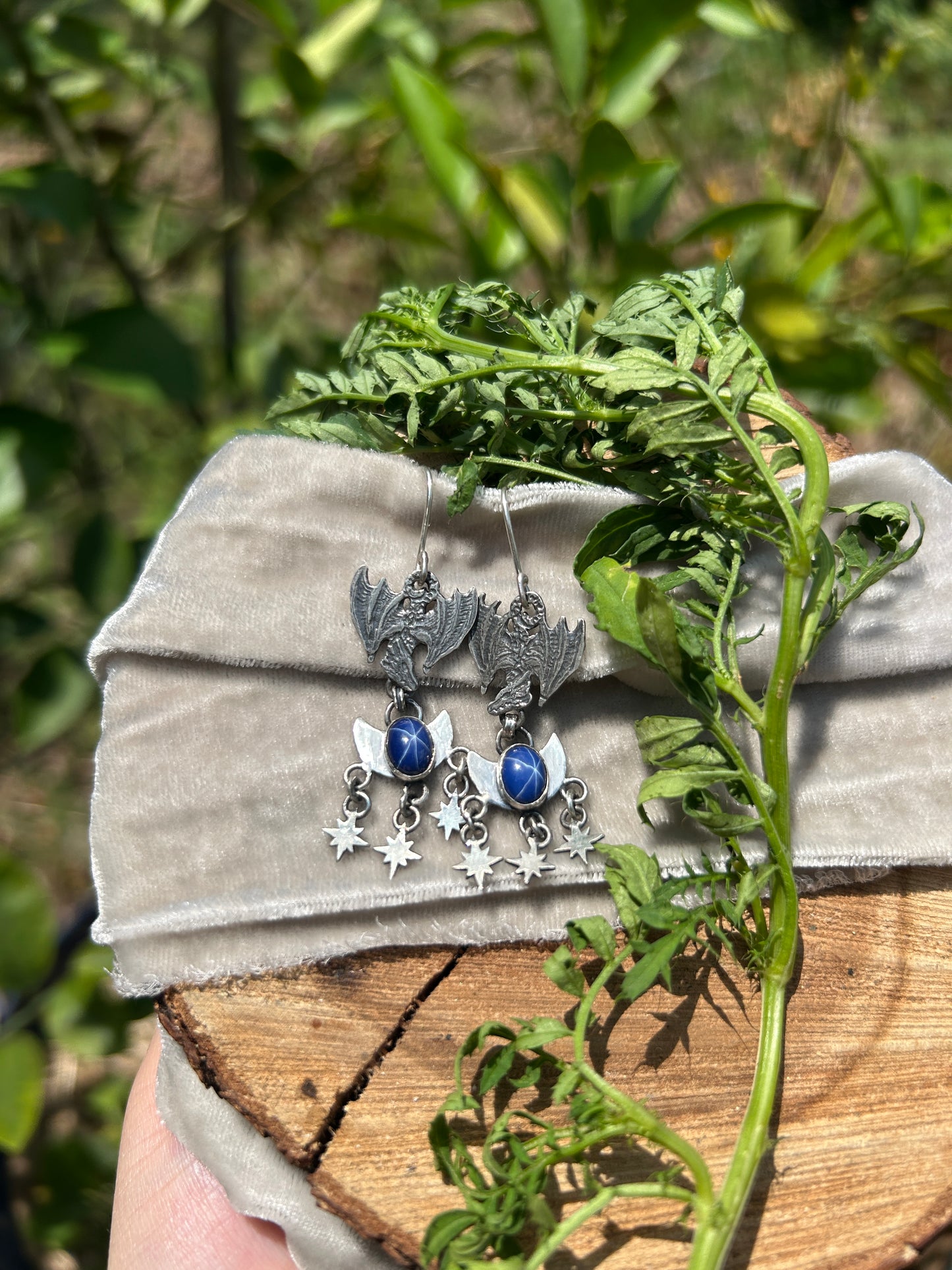 Moon and Starlit Dragon Flight Earrings- blue star sapphire - sterling silver jewelry
