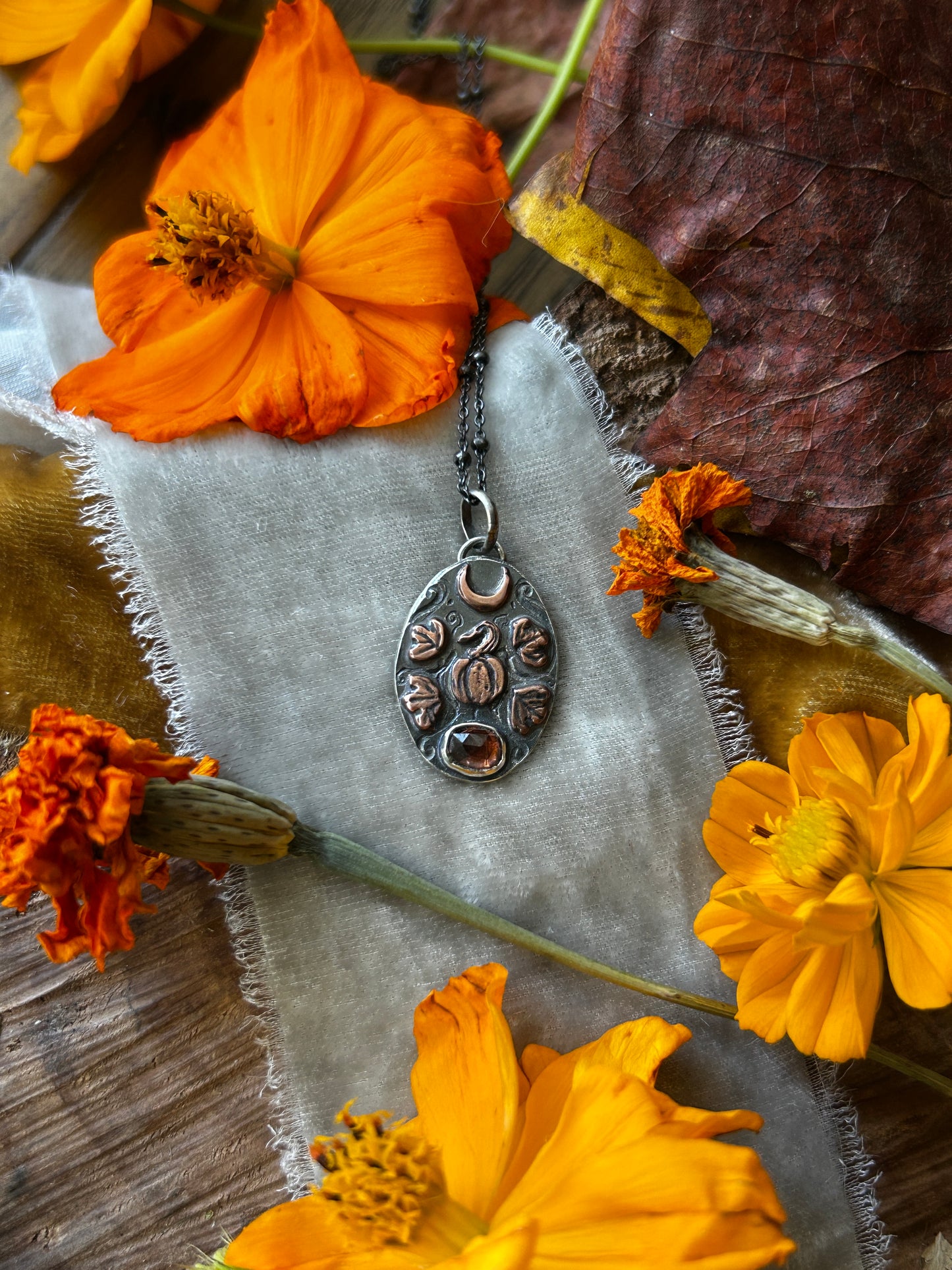 Pumpkin Moon Necklace with zircon- Sterling silver and copper detailed jewelry ready to ship