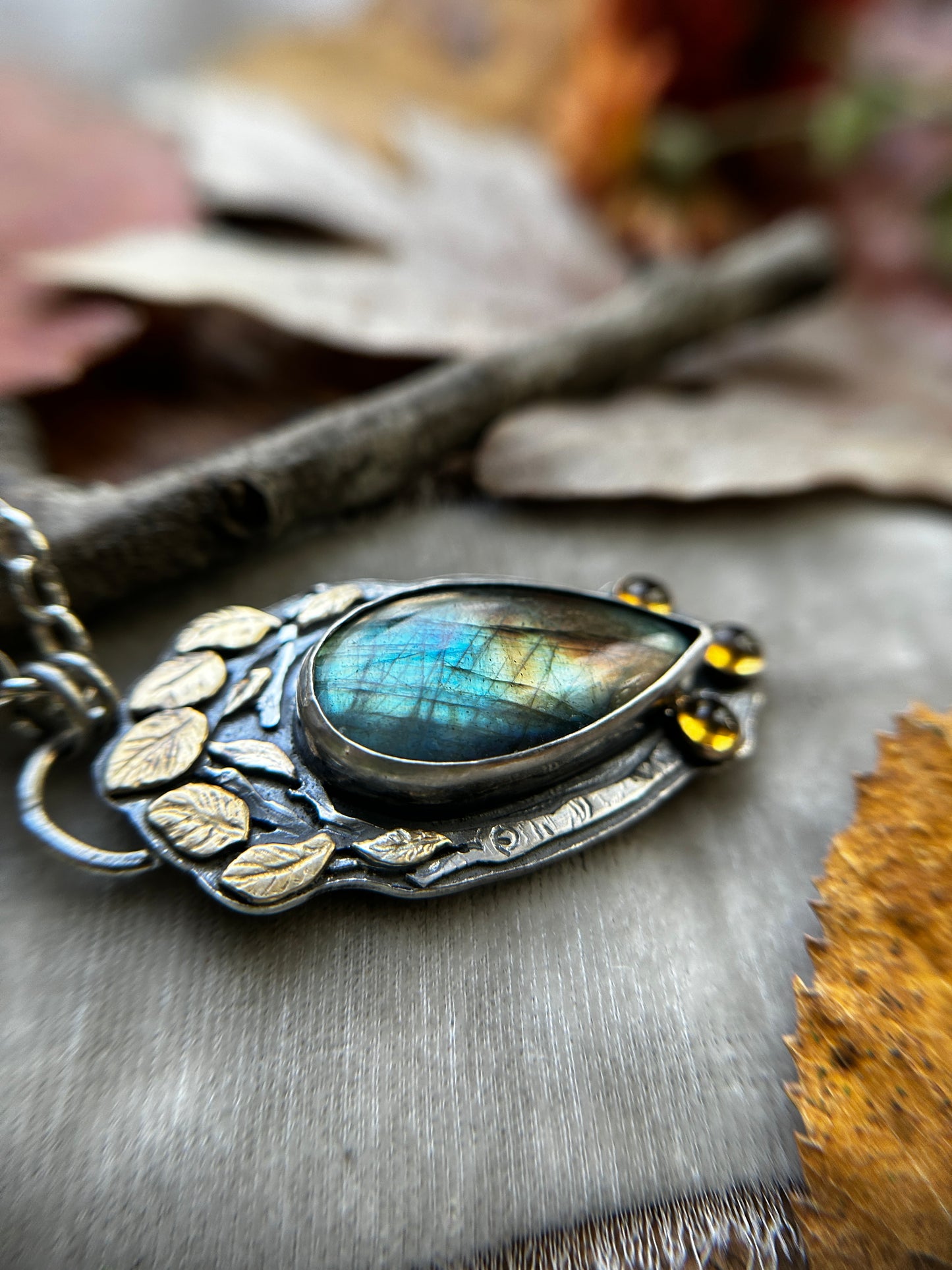 Aspen Crown Labradorite Necklace with Citrine and hidden crow forest tree back- sterling silver jewelry