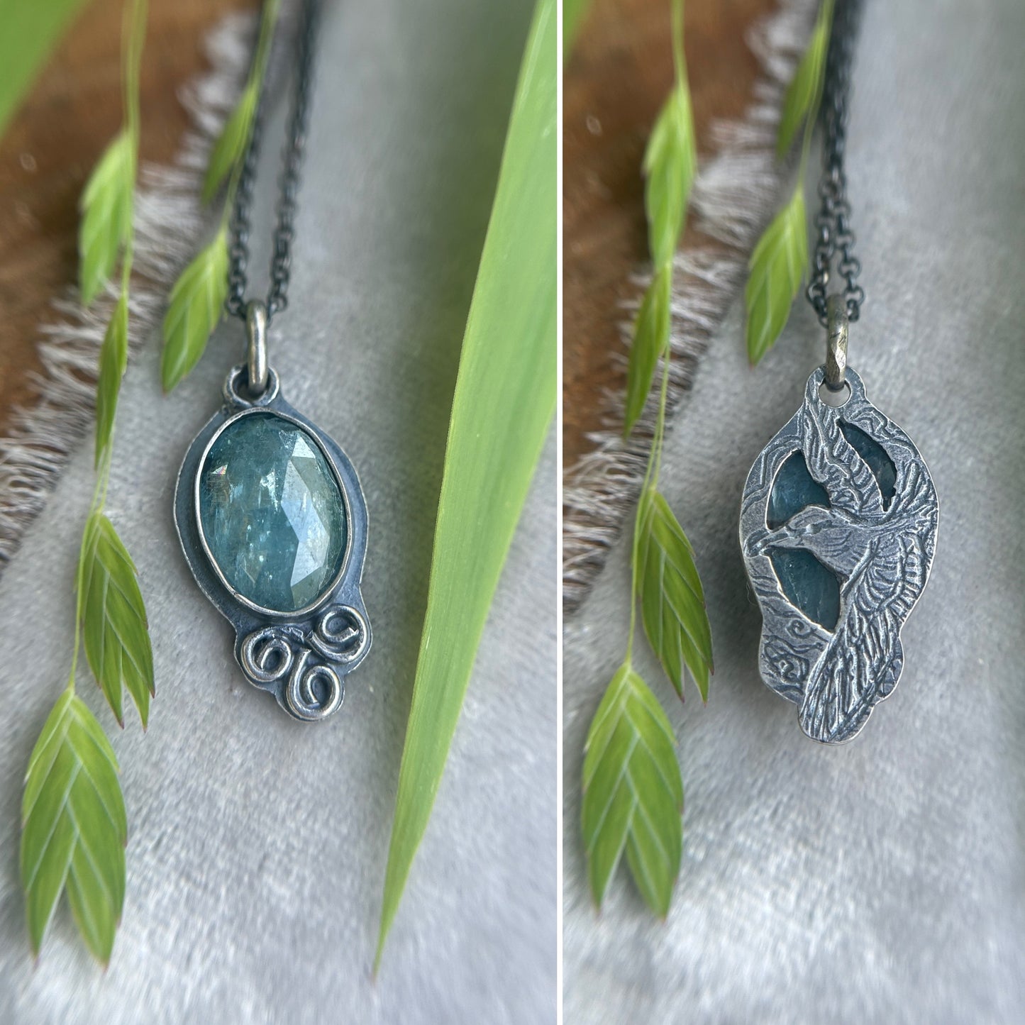 Aqua Kyanite with triskelle spirals and albatross- sterling silver necklace metalsmith made