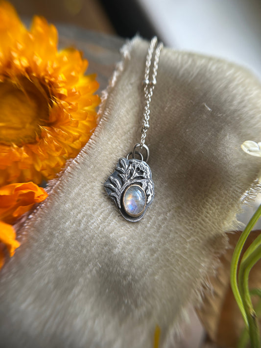 Rainbow moonstone elderflower necklace- brass and sterling silver jewelry