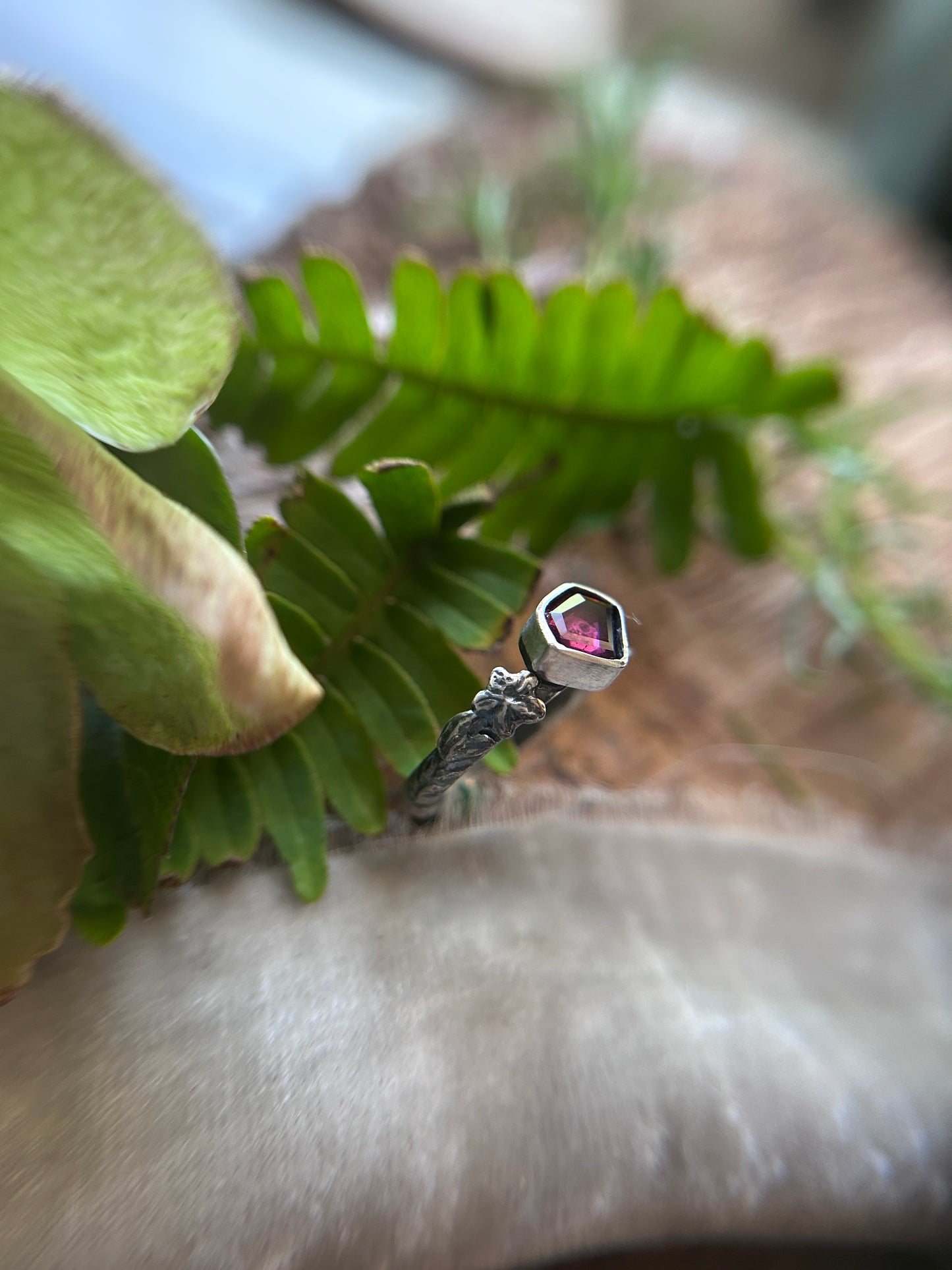 Azalea flowers and skull ring with portrait cut shield shaped rhodolite garnet- Sterling silver jewelry