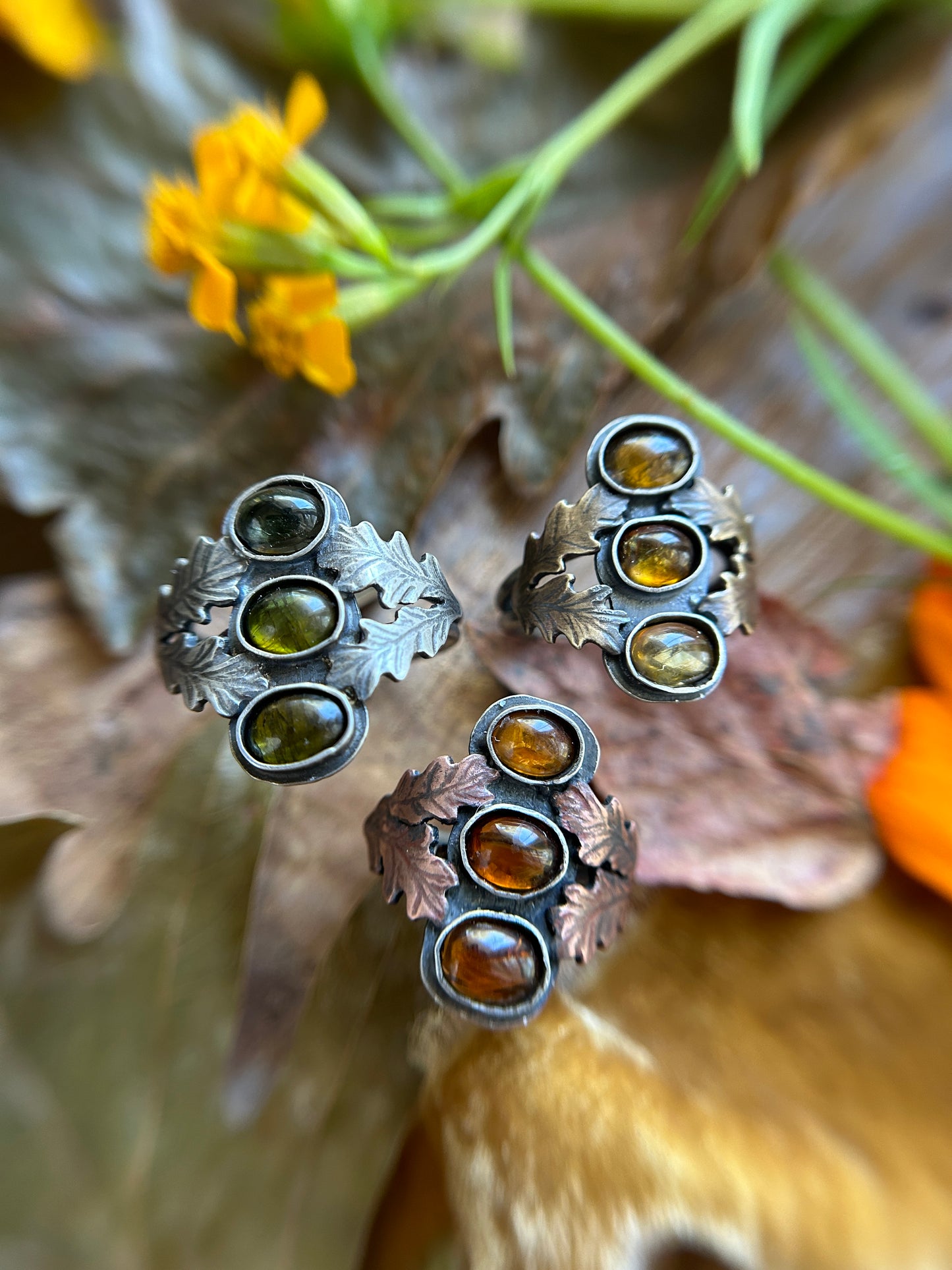 Tourmaline Autumn Forest Rings- any size- choice of green, orange, or yellow. Silver, copper, brass oak leaves