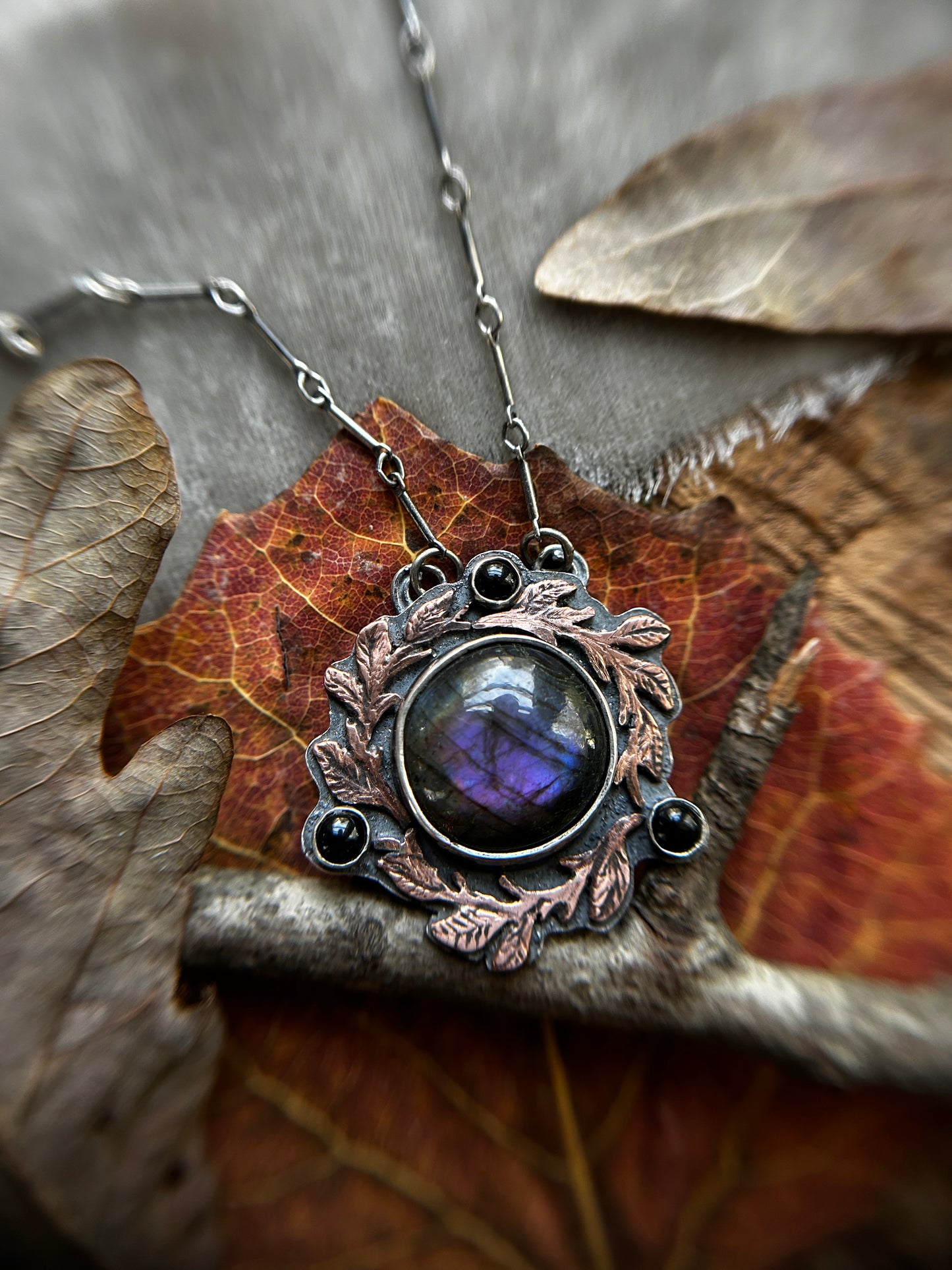 Autumnal Blackberry Vines with Purple Labradorite and Black Onyx- Sterling silver and copper jewelry