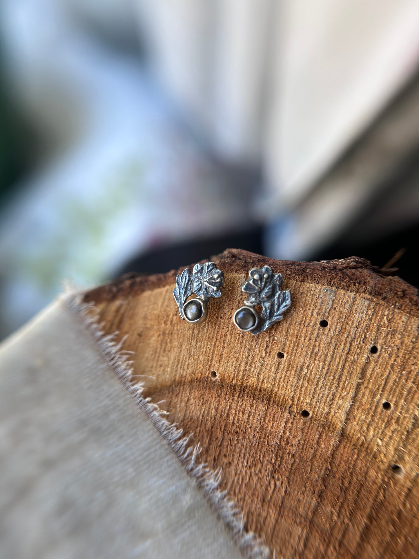 Hellebore flower post earrings with black star sapphire- Sterling silver jewelry