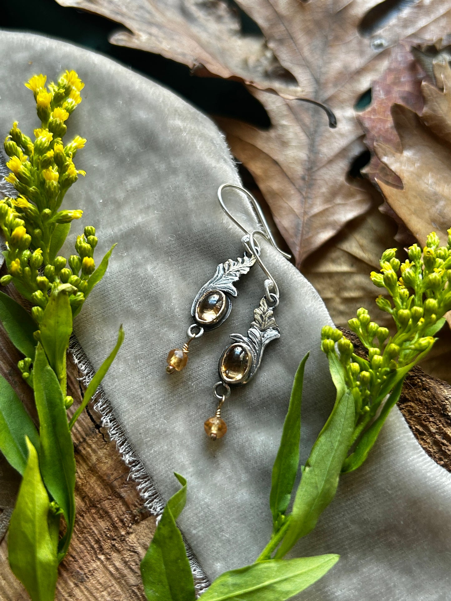 Goldenrod Earrings with Imperial Topaz and Hessonite Garnet- Brass and sterling silver jewelry