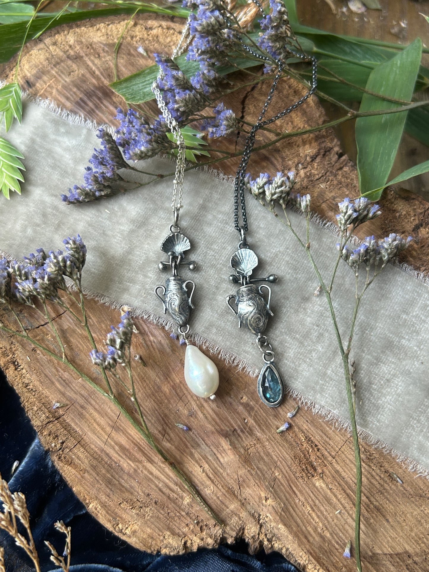 Urn of the Sea Necklace PREORDER-choice of pearl or kyanite- sterling silver jewelry