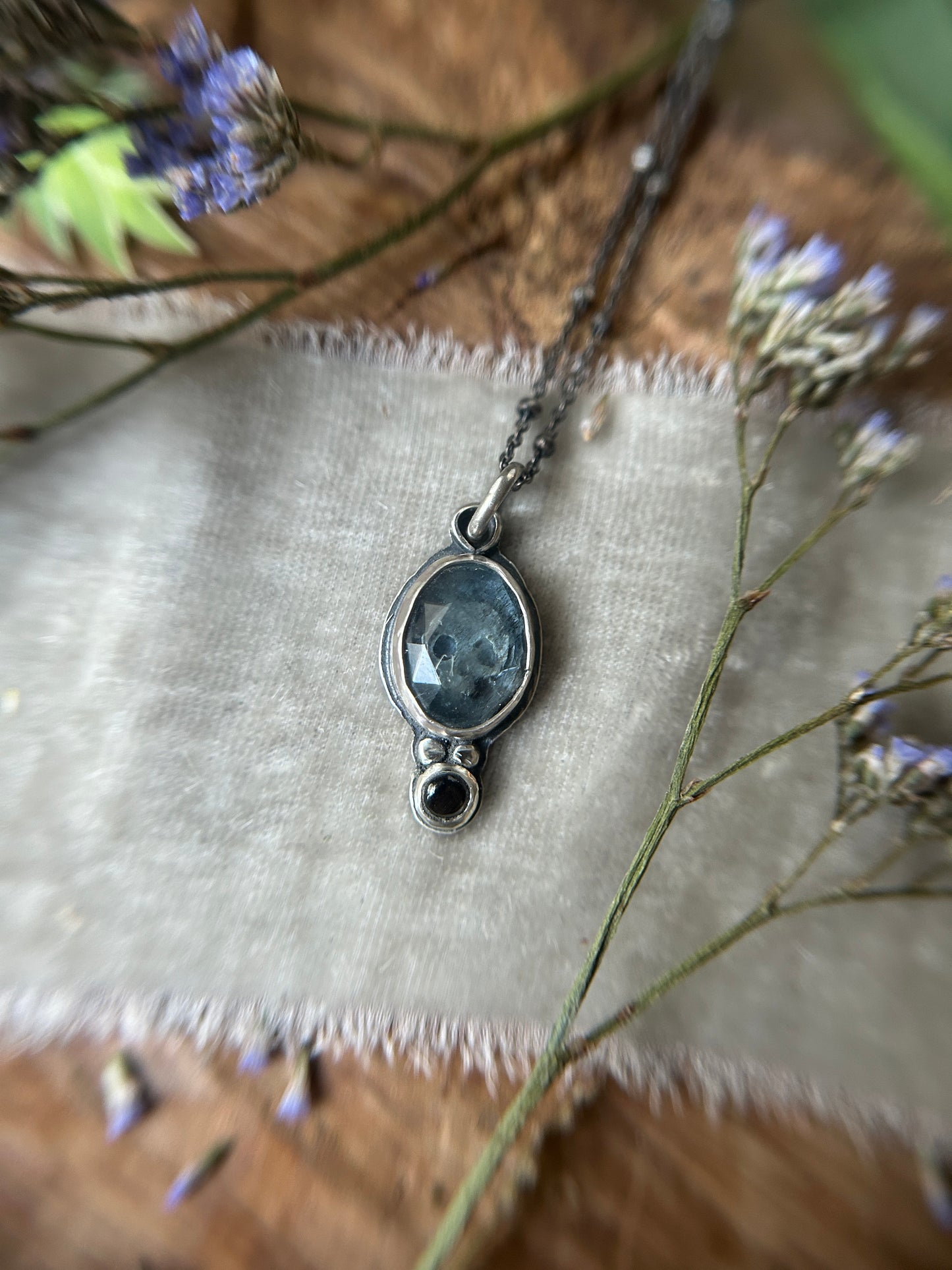 Moss Aquamarine Memento Mori Skull Necklace- sterling silver jewelry