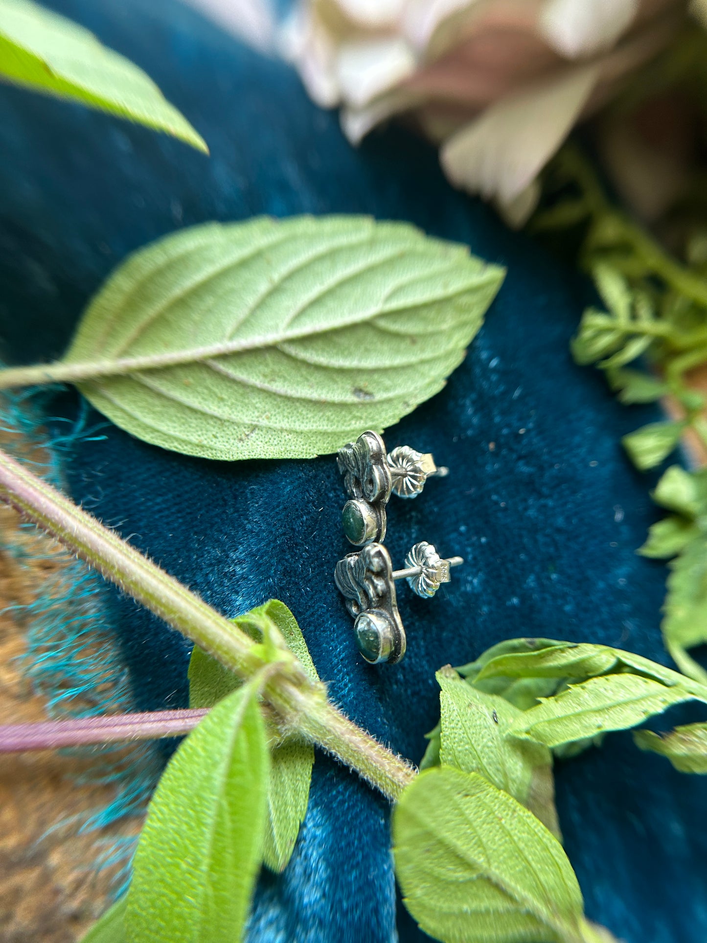 Mini Kelpie Earrings with moss agate- sterling silver jewelry