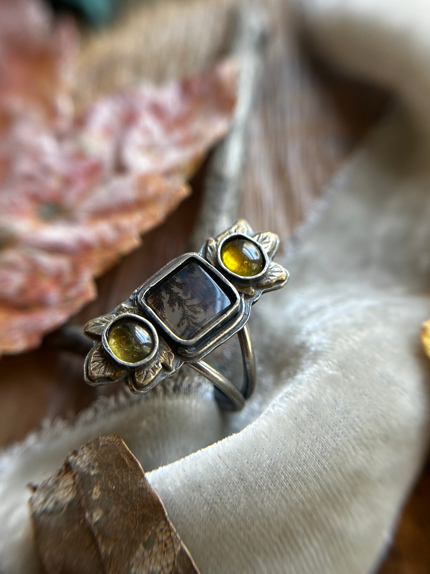 Woodland Maple leaf ring with Dendritic Agate and Tourmaline- sterling silver and brass jewelry