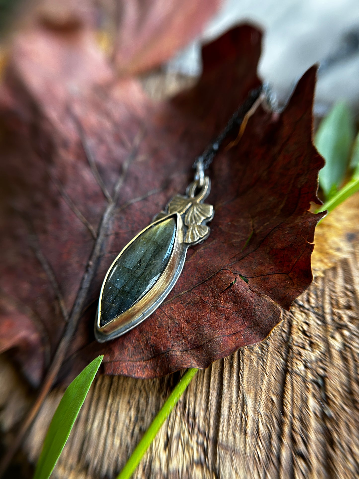 Golden Labradorite Ginkgo Leaf Necklace- sterling silver and brass jewelry
