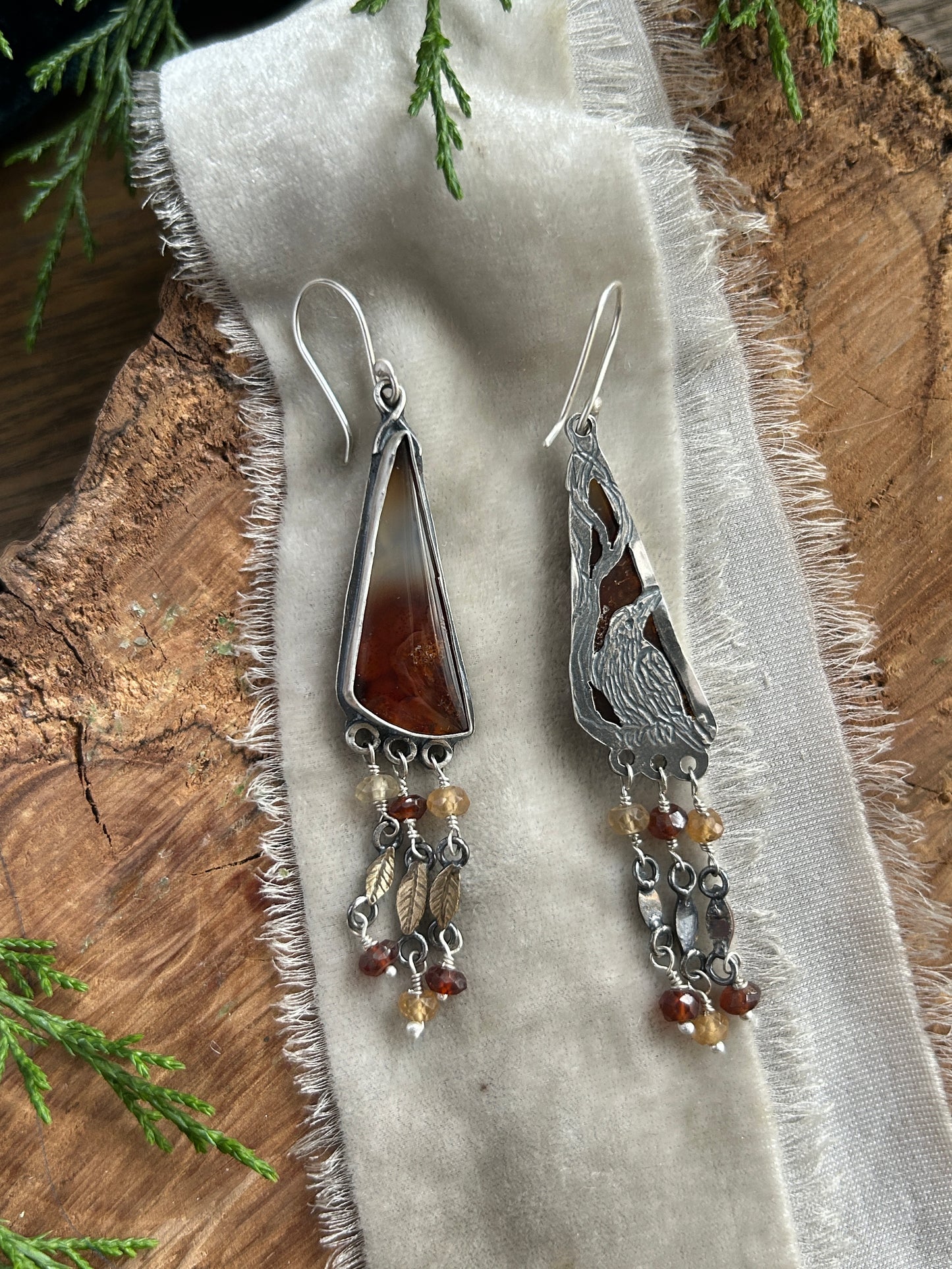 Carnelian Crow Earrings- sterling silver earrings with brass leaves and hessonite garnet details