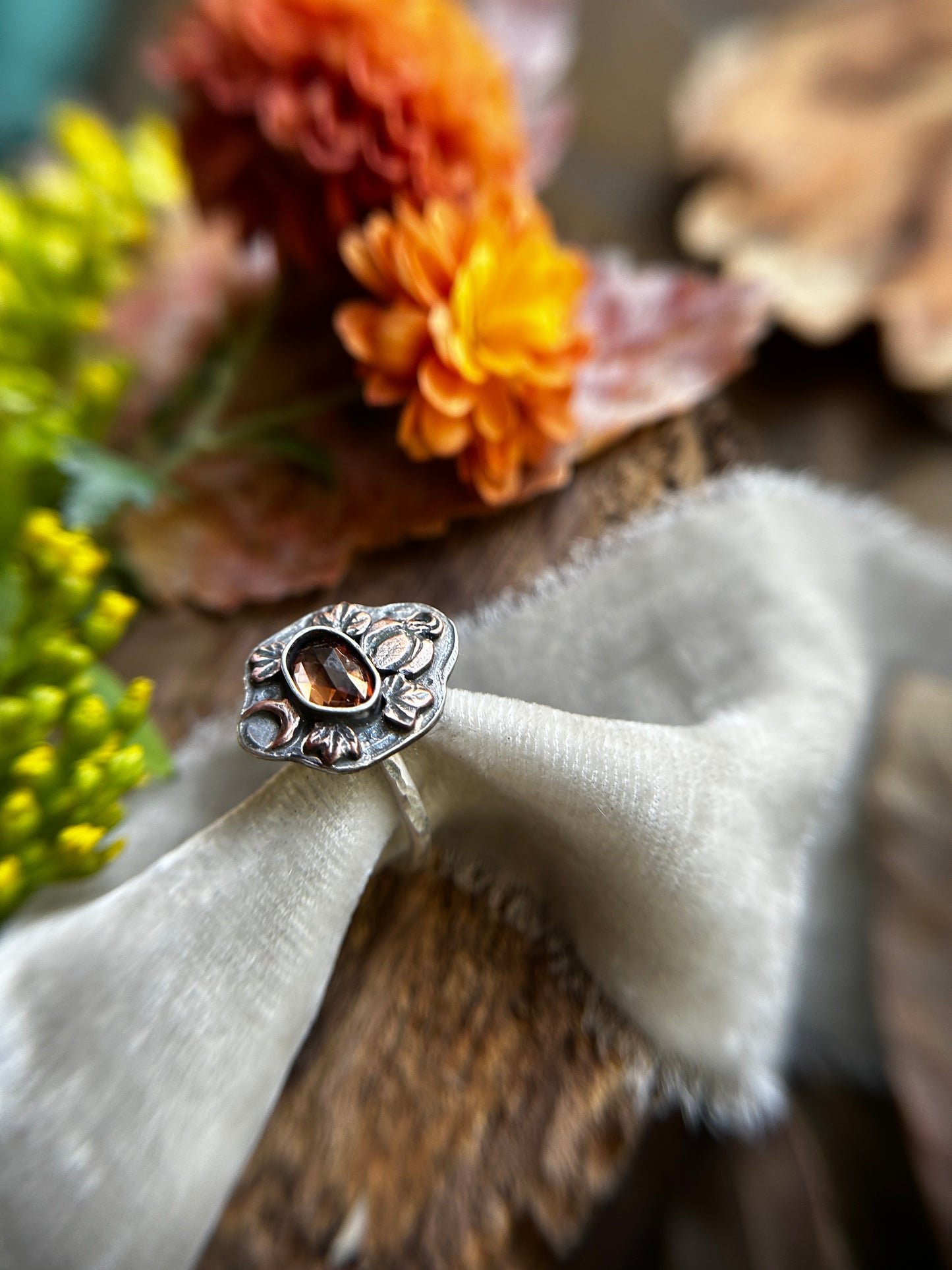 Pumpkin Moon with Zircon Ring- sterling silver and copper jewelry