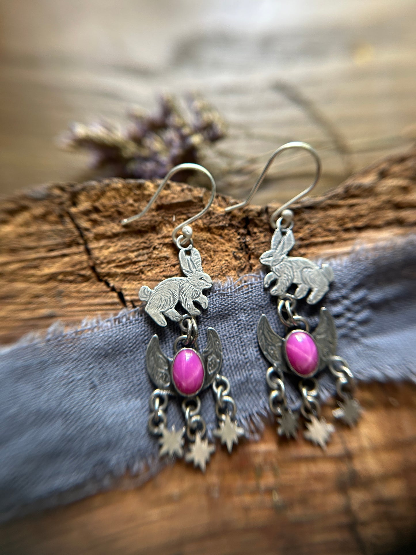 Strawberry Moon Bunny Earrings- Star Ruby Sterling silver jewelry )