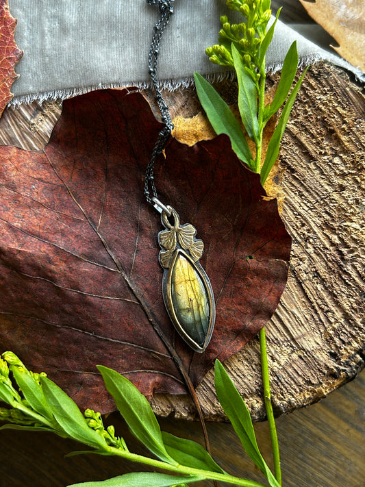 Golden Labradorite Ginkgo Leaf Necklace- sterling silver and brass jewelry