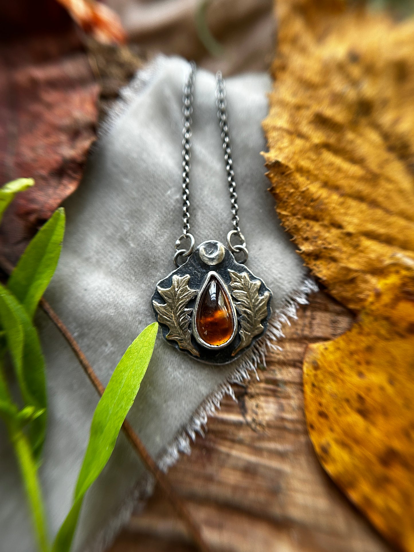 Oak Moon with Hessonite Garnet Necklace- Sterling silver and brass jewelry