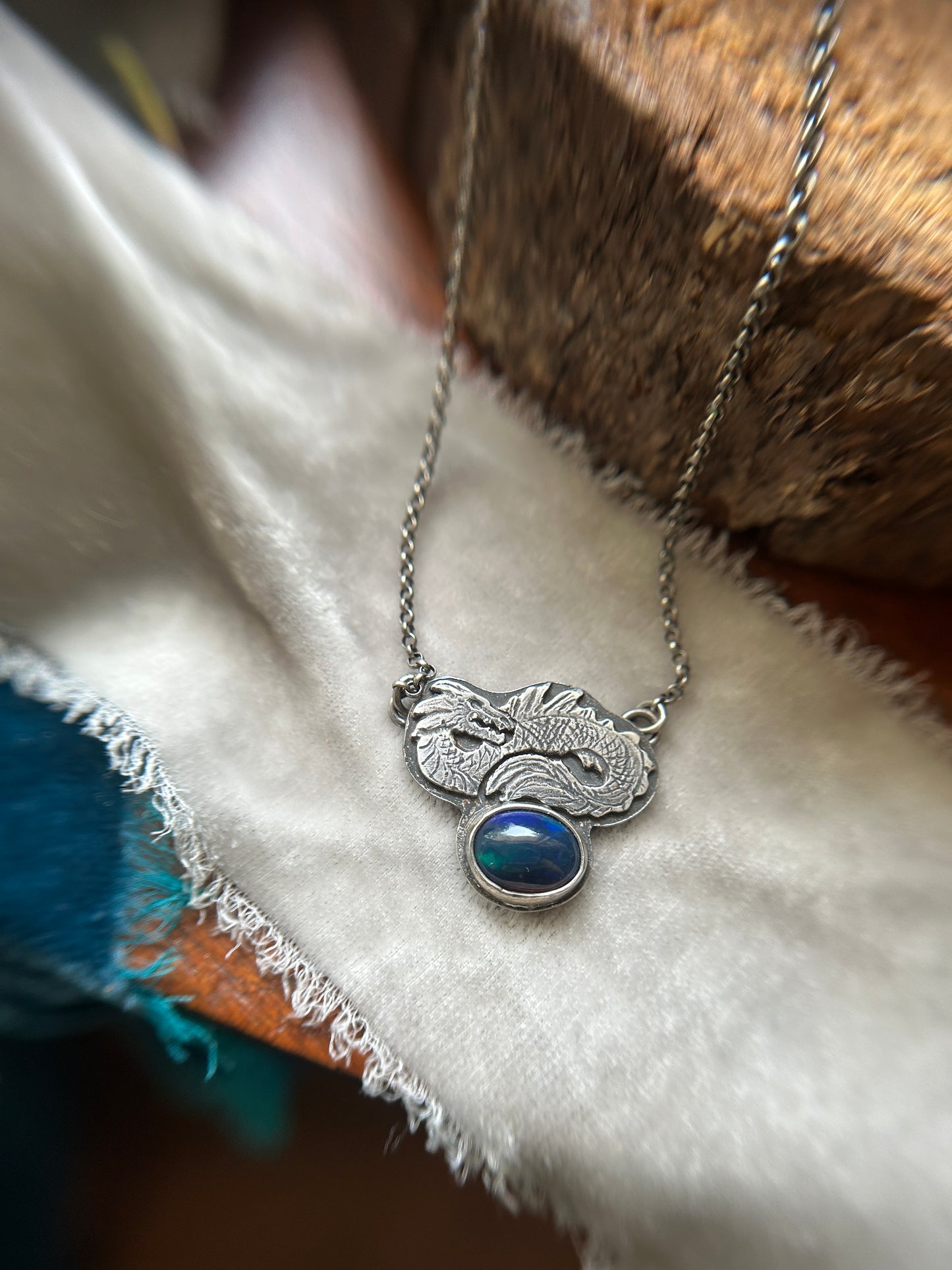 Sea Serpent and Black Opal Necklace- sterling silver jewelry