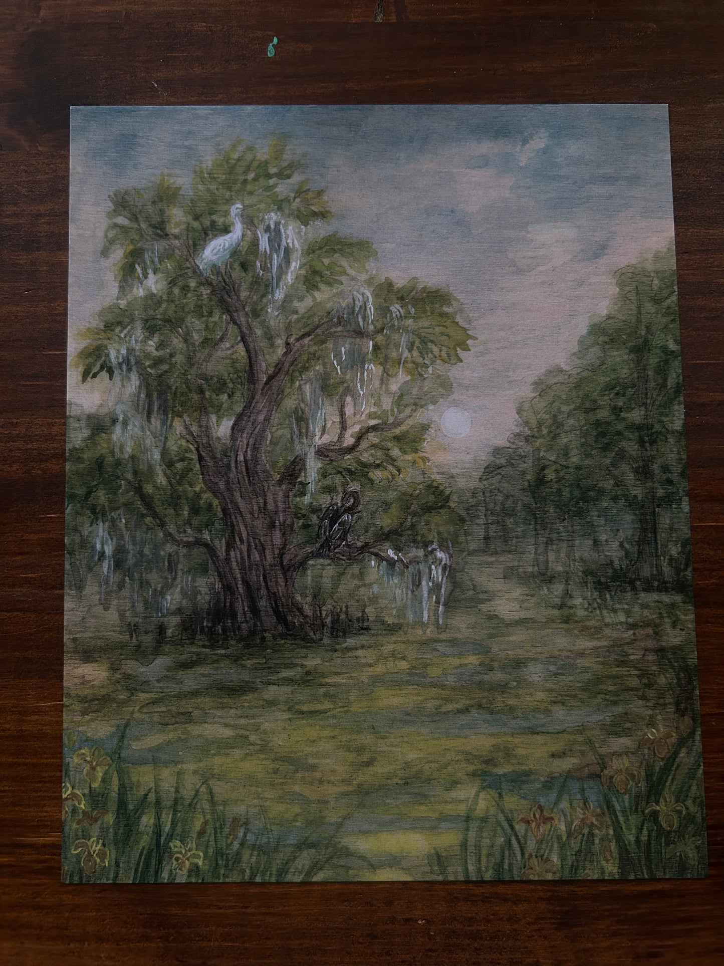 Summer in the swamp- art print of birds, cypress trees, and swamp iris