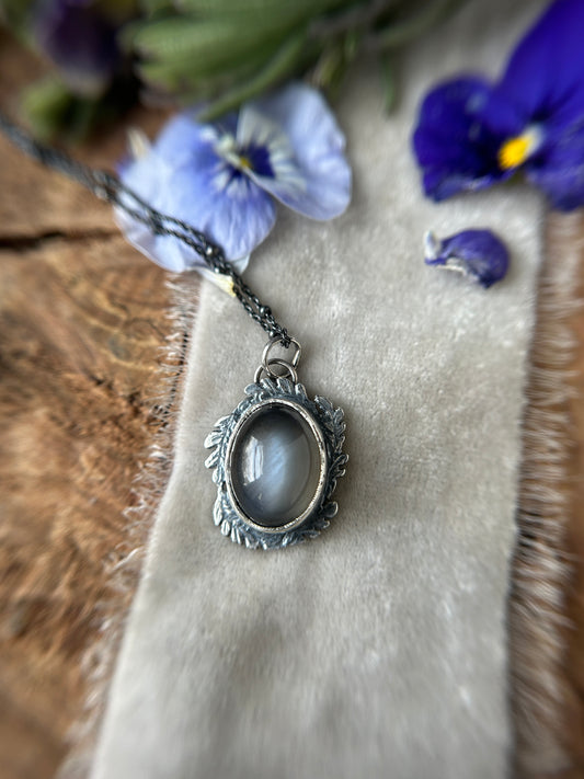 Grey Moonstone Forest Scrying Mirror Necklace- sterling silver