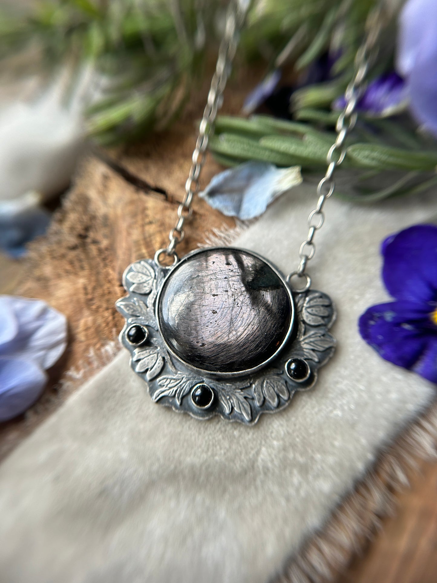 Hellebore Flowers with Hypersenthe and Black onyx- sterling silver necklace with adjustable chain