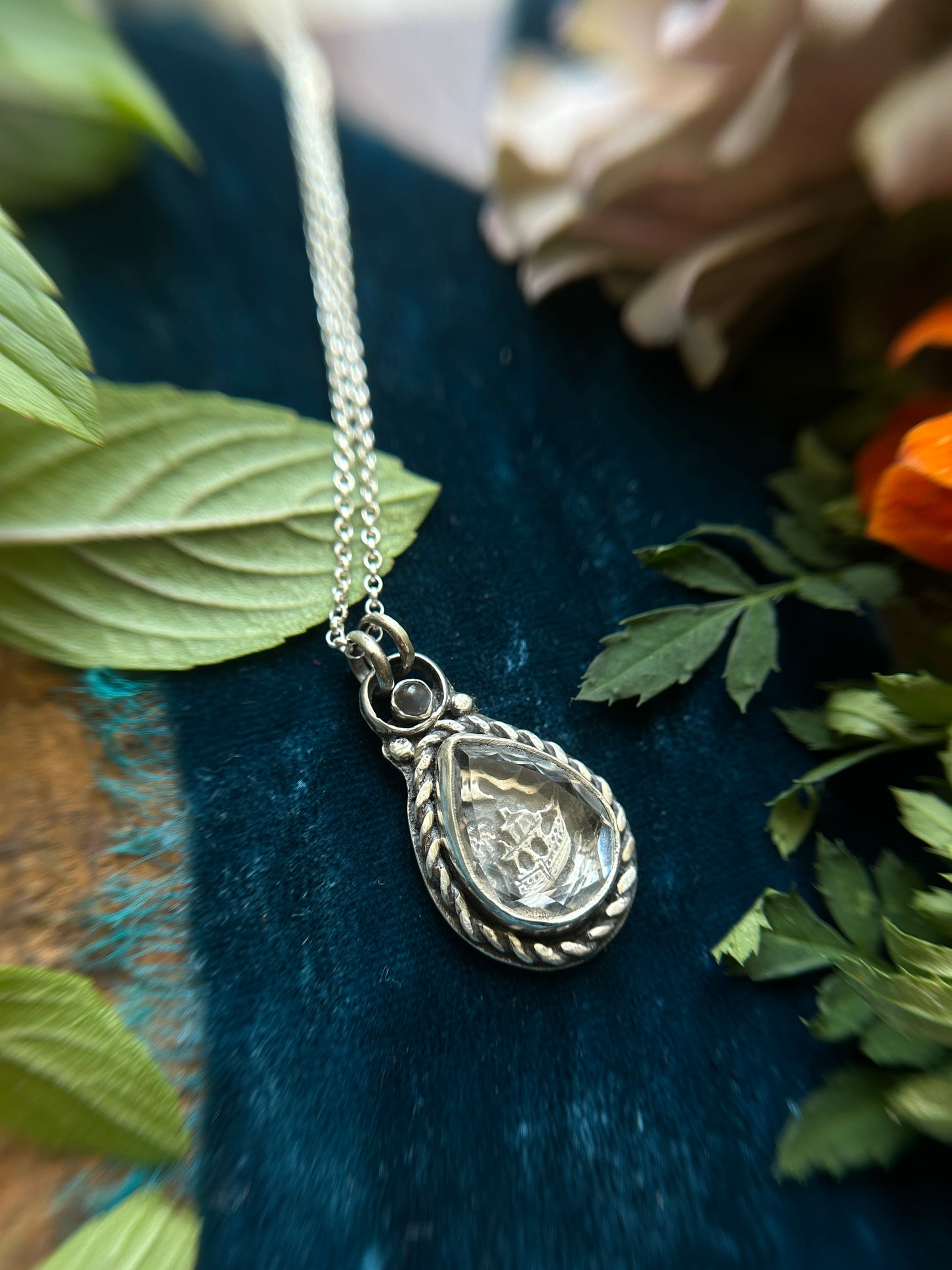 Sailing Ship through the Tempest - portrait cut quartz with grey moonstone- sterling silver jewelry