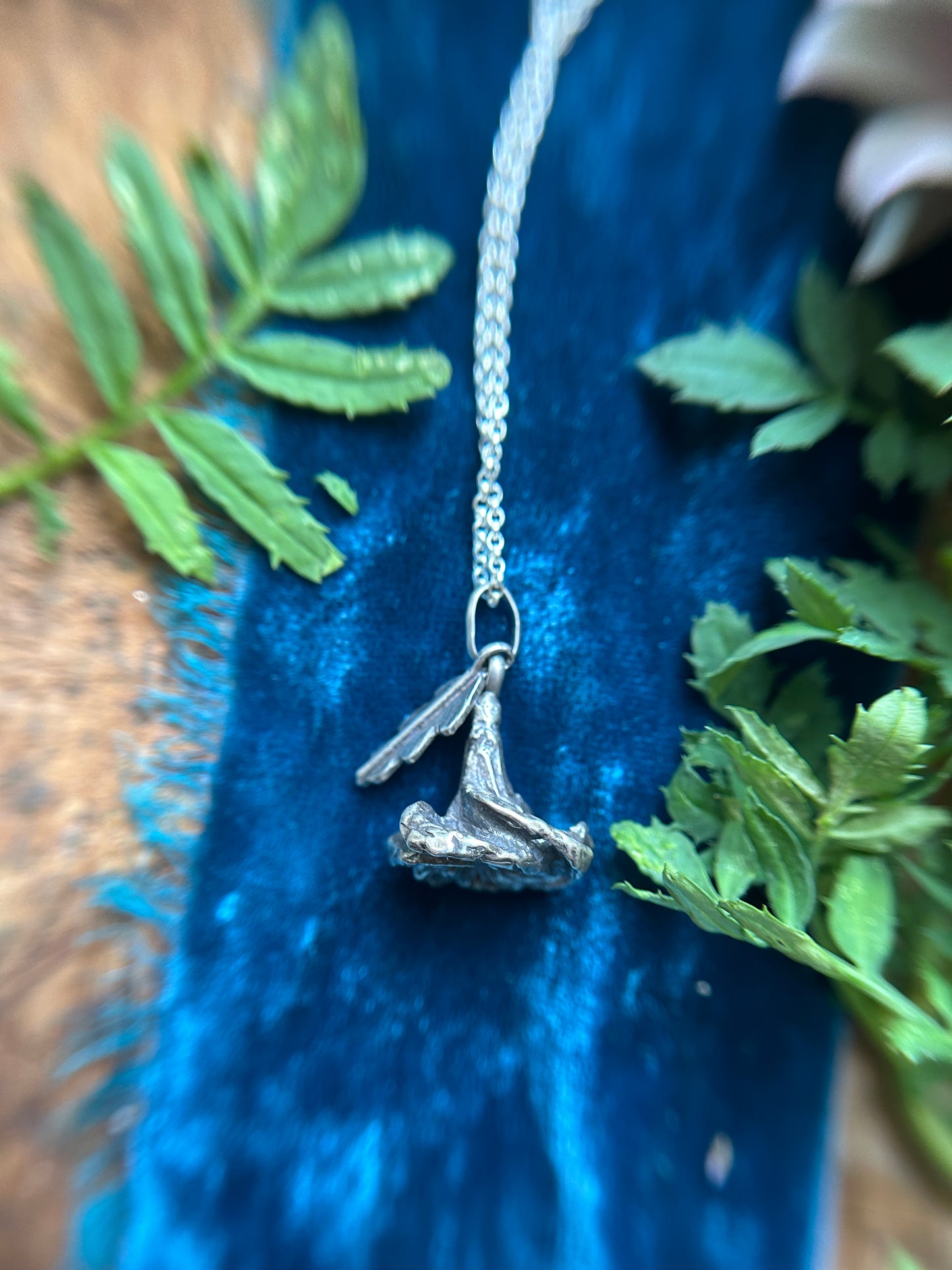 Datura Blossom Necklace with leaf- lost cast sterling silver jewelry