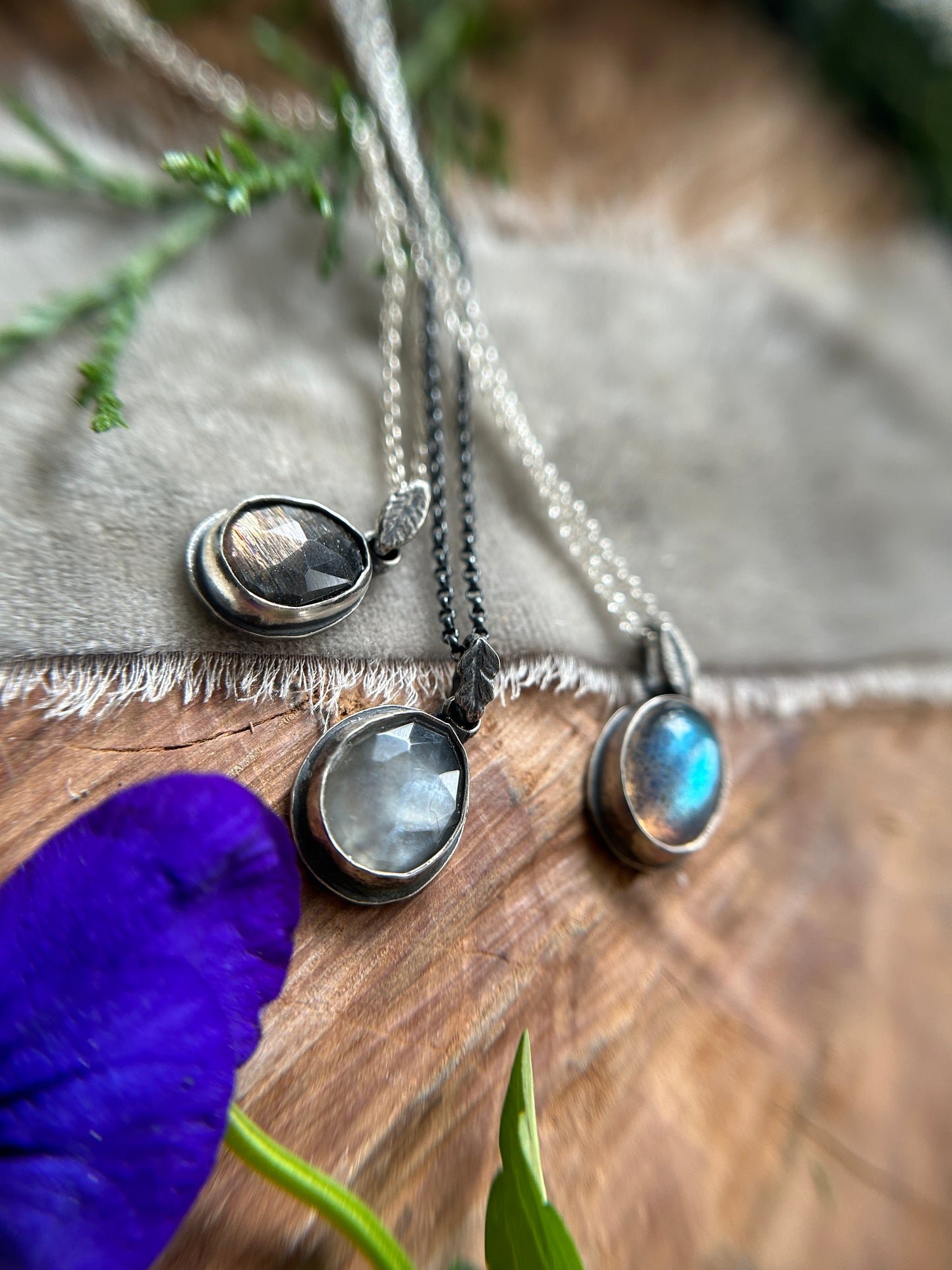 Simple Leaf Gemstone Necklace- choice of black moonstone, grey moonstone, or labradorite