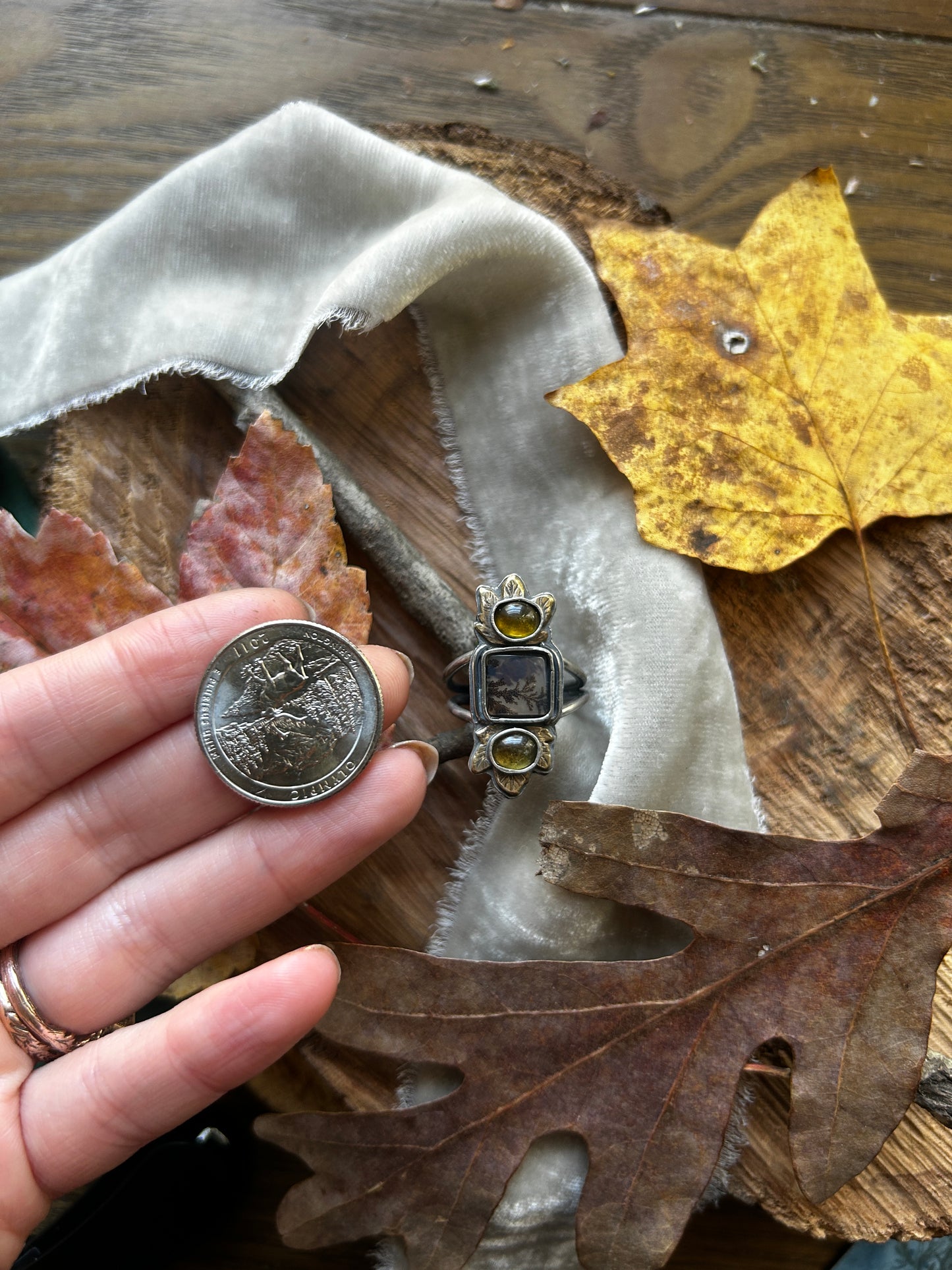 Woodland Maple leaf ring with Dendritic Agate and Tourmaline- sterling silver and brass jewelry