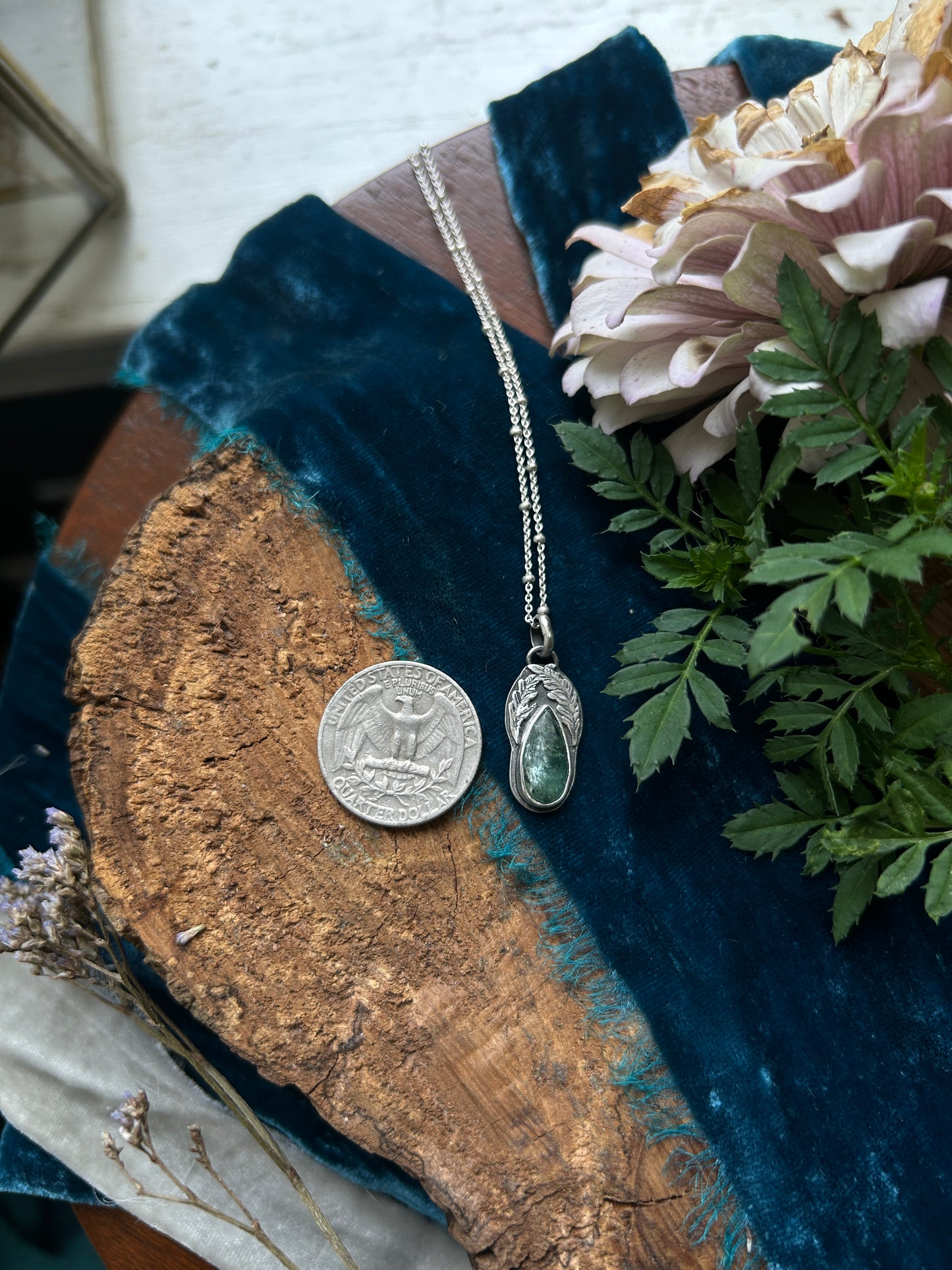 Fern Hollow with Green Kyanite and hidden fox Necklace- sterling silver jewelry