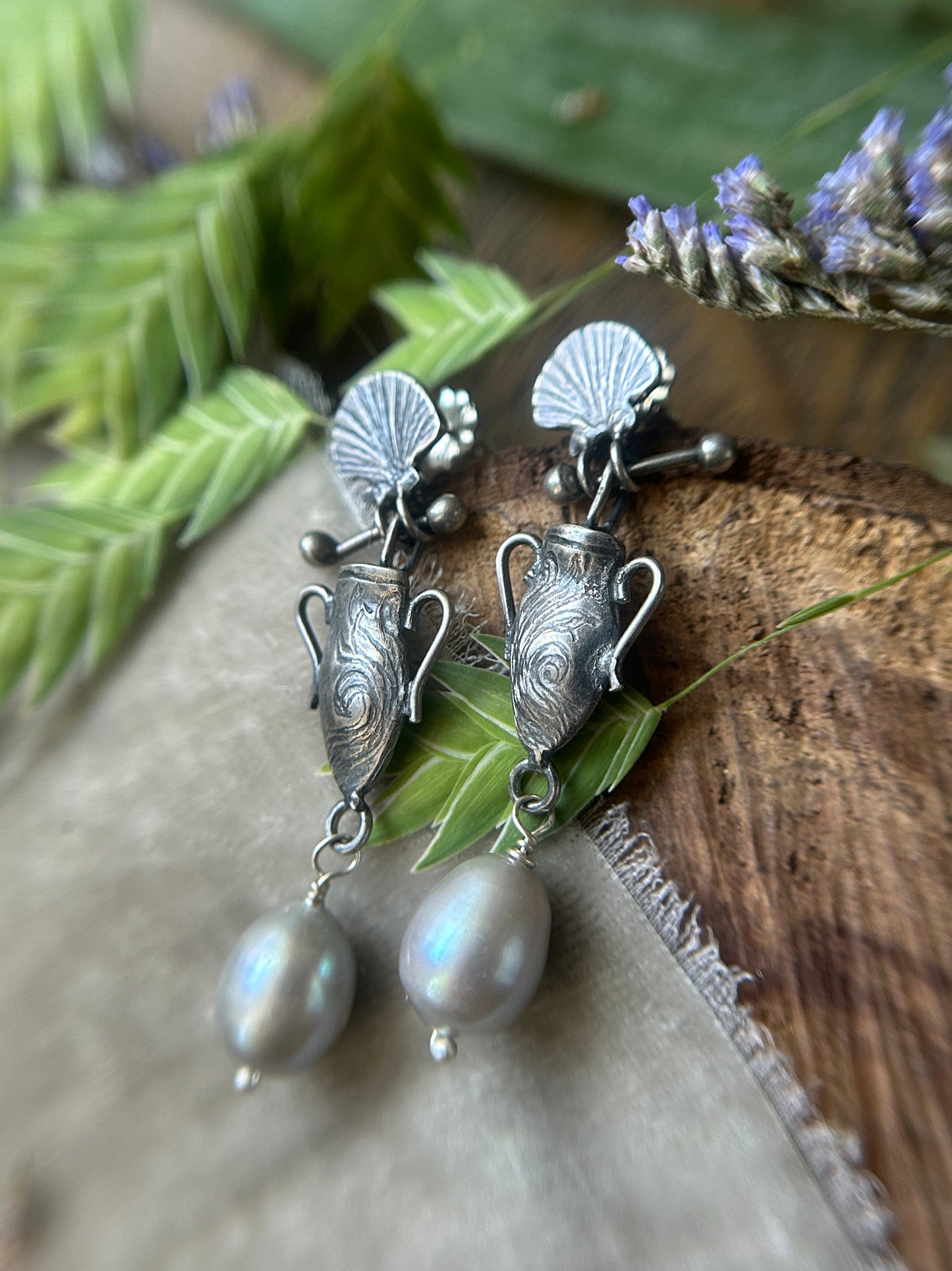 Urn of the Sea Earrings- baroque pearl drop sterling silver jewelry