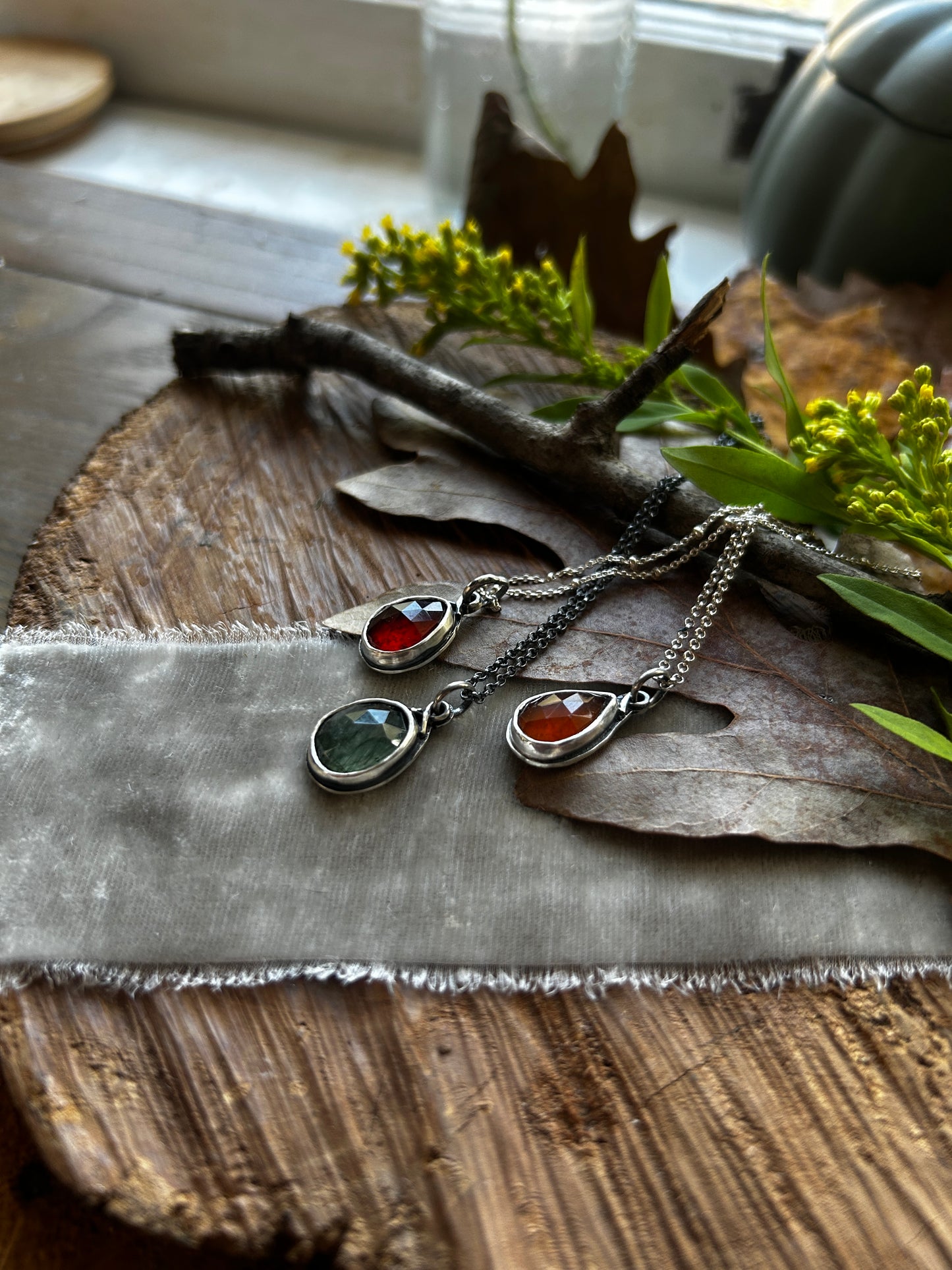 Hidden Forest Leaf Necklaces- choice of gem and leaf- sterling silver jewelry