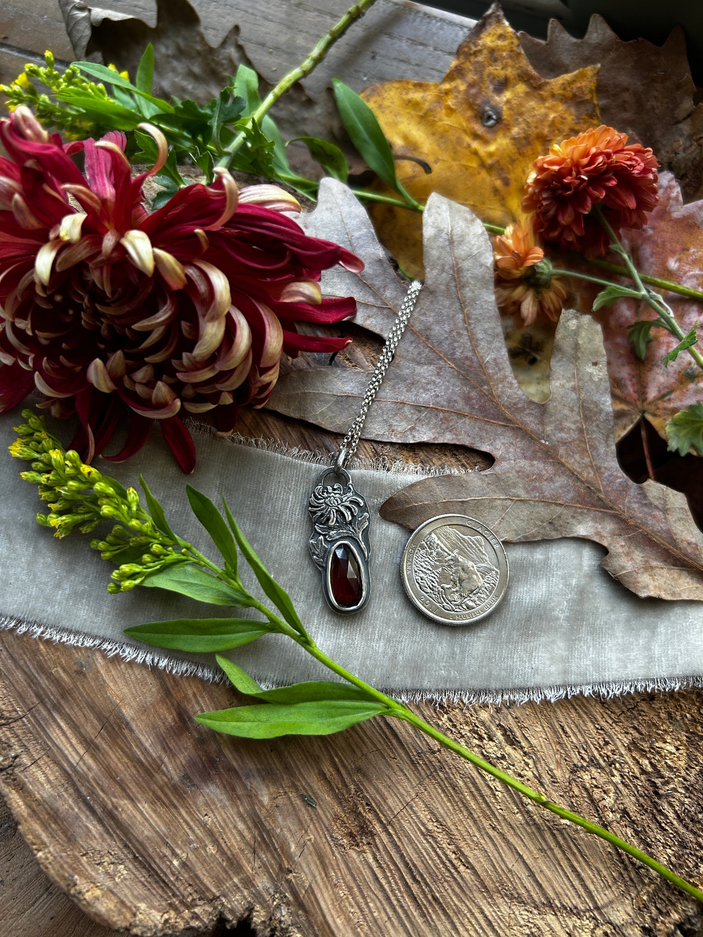 Red Chrysanthemum Flower Garnet Necklace- sterling silver jewelry