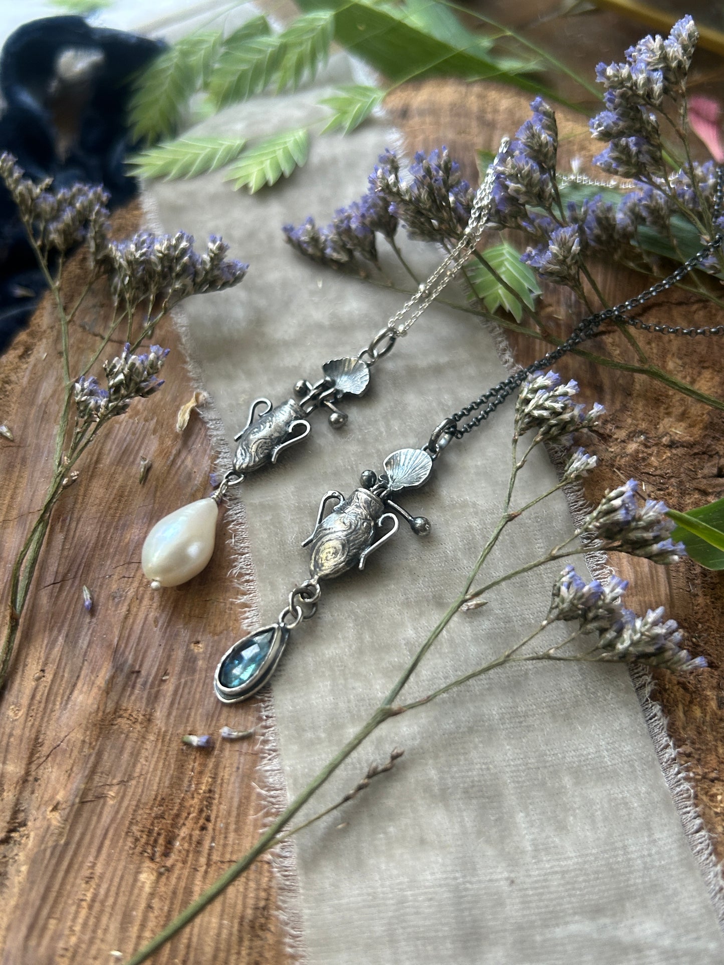 Urn of the Sea Necklace PREORDER-choice of pearl or kyanite- sterling silver jewelry