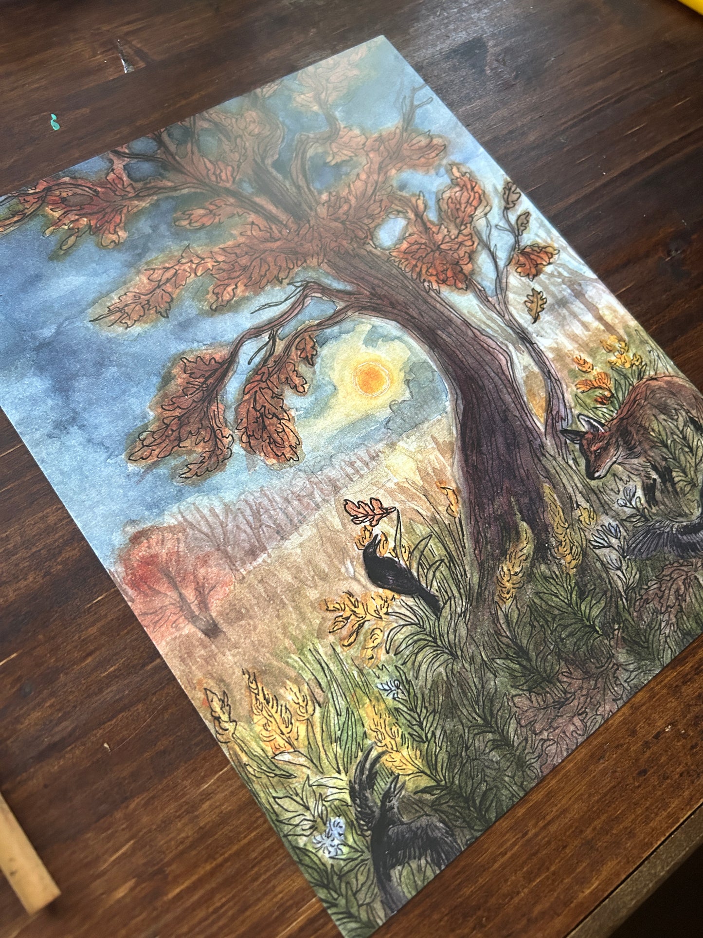 Art print Fox and Crows under the Harvest moon 8x10 size