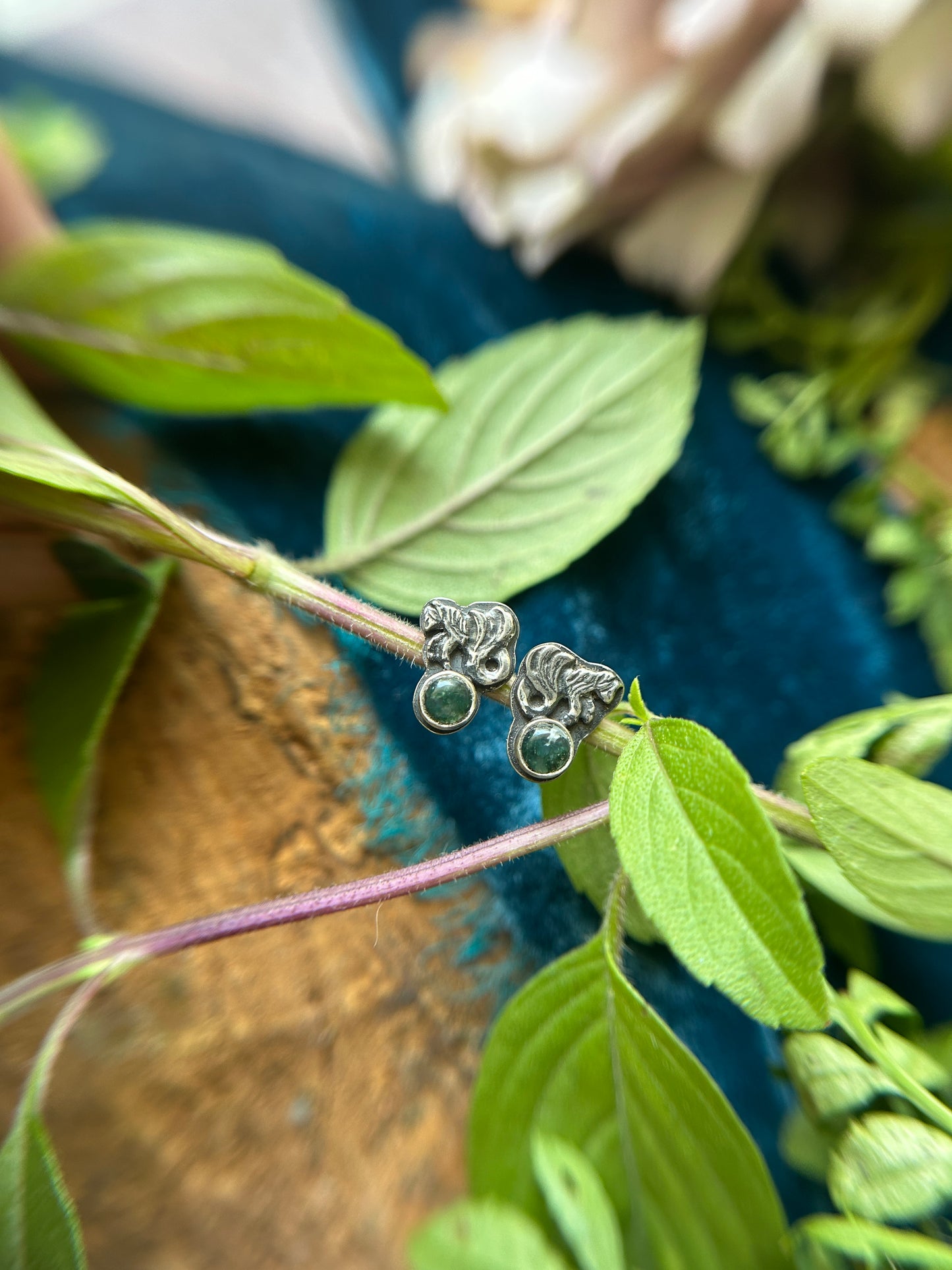 Mini Kelpie Earrings with moss agate- sterling silver jewelry